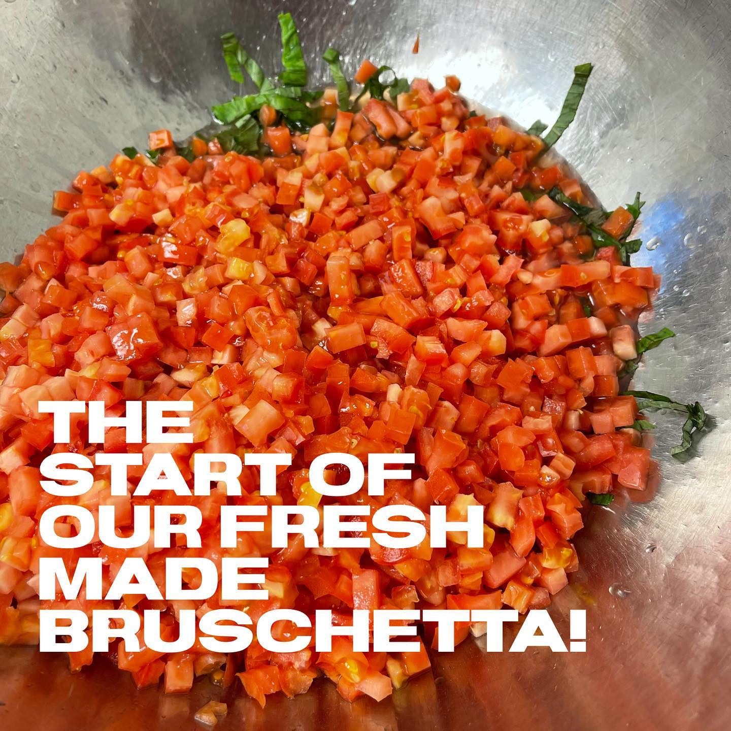 Our House Made Bruschetta is a perfect starter made with Fresh Roma Tomatoes, Basil, White Balsamic, Olive Oil, Salt, Pepper & Garlic served on Local Herbed Focaccia toasted with Fresh Mozzarella and Drizzled with Balsamic Reduction #freshmade #bruschetta