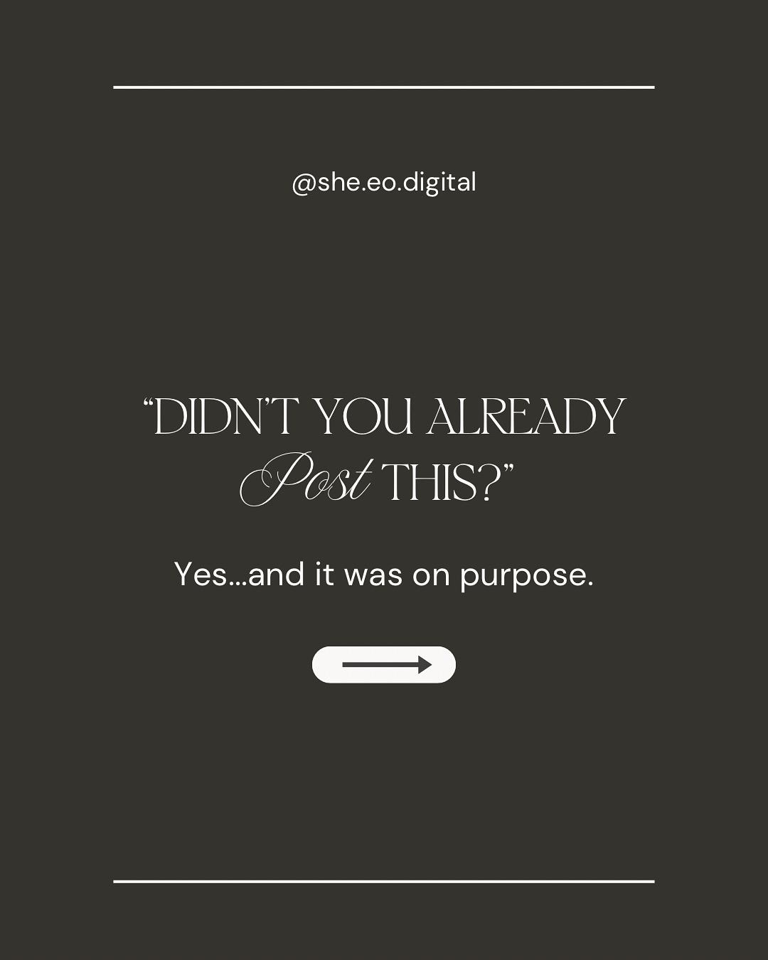 Yes, we posted it again. And no, it’s not a mistake 😉
Here’s the not-so-secret secret of good marketing: people don’t remember what they see once. Most followers only see a fraction of your content, and it takes multiple touchpoints before a message actually sticks (and turns into clicks, DMs, or bookings).
What feels repetitive to you is often brand new to your audience. Repetition isn’t laziness, it’s strategy. Clarity comes from consistency, and consistency is what builds recognition, trust, and results.
If you’re ready to stop guessing and start posting with intention, let’s work together. DM us or click the link in our bio to see how we can support your brand 📈✨