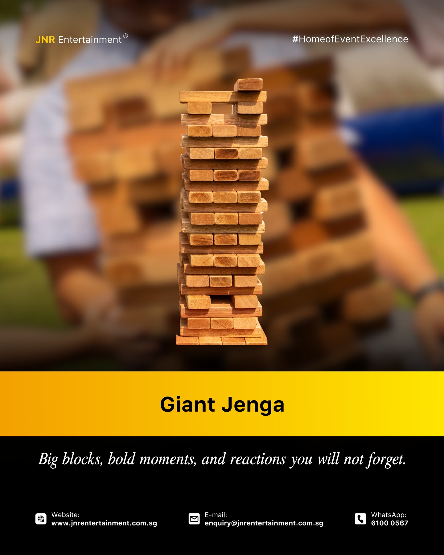 🧱 Think big. Stack smart. Don’t let it fall.
Our Giant Jenga is always a crowd favourite. Simple to play, fun to watch, and perfect for breaking the ice at any event. Whether it’s a corporate team-building session, family day, or outdoor carnival, this classic game brings laughter, friendly competition, and plenty of photo moments.
Easy to set up, suitable for all ages, and guaranteed to draw a crowd. Sometimes the simplest games create the biggest excitement.
📩 Enquire with us for your next event
✉️ enquiry@jnrentertainment.com.sg
☎️ 6100 0567
🌐 jnrentertainment.com.sg
#GiantJenga #EventGamesSingapore #TeamBuildingActivities #FamilyDayEvents #CarnivalGames #EventEntertainment #JNRentertainment