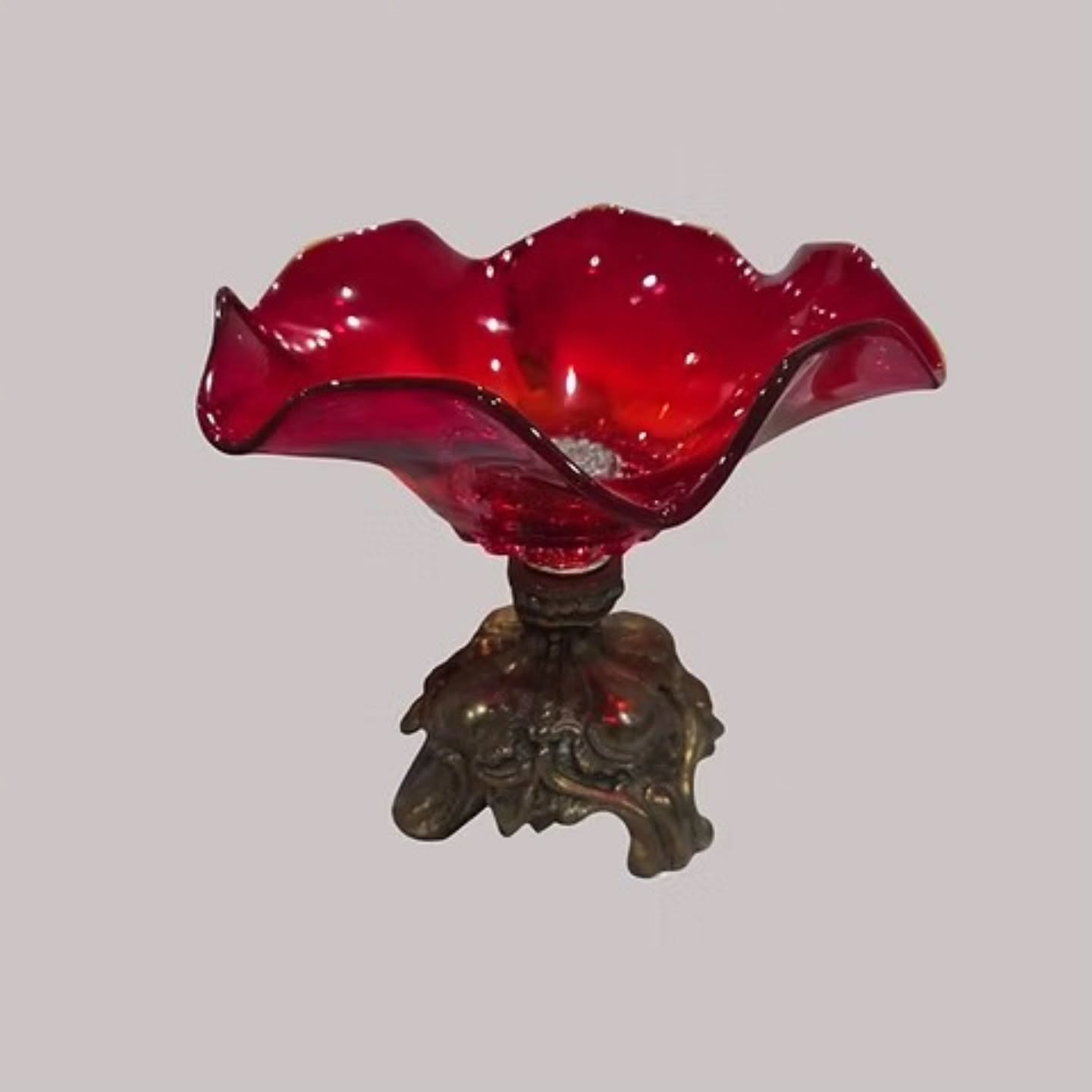 Antique Victorian or Edwardian Ruby Red Art Glass Comport with Ornate Metal Base | https://share.google/S32mCx66mfqCmR8Ka