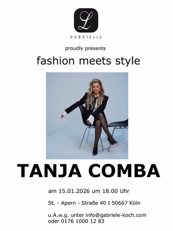 Liebe Freundinnen und Freunde des Salon Couture,
von Herzen wünsche ich alles Gute für das neue Jahr.
Möge es voller Stil, positiver Momente und Zeit für sich selbst sein – ein Jahr, in dem Mut, Hingabe und persönliche Träume Raum bekommen.
Mit genau dieser Energie starten wir gemeinsam ins neue Jahr.
Ich freue mich sehr, für unseren Neujahrsempfang eine ganz besondere Expertin begrüßen zu dürfen: Tanja Comba.
Germanistin und Medienwirtschaftlerin, RTL-Chefin vom Dienst, Stylistin, Autorin –
und vielen bekannt aus „Punkt 12“ mit „Was traust Du Dich?“.
Tanja Comba zeigt, dass Mode weit über Outfits hinausgeht:
als Ausdruck von Selbstfürsorge, Haltung und innerer Stärke.
An diesem Abend geht es darum, den eigenen Stil zu finden –
authentisch, selbstbewusst und unverwechselbar.
Mit praktischen Tipps, ehrlichen Impulsen und viel Inspiration.
Ich freue mich auf einen unvergesslichen Abend mit meinen lieben Gästen.
Herzlichst
Gabriele Koch
@tanjacomba
#lgabriellekoch #tanjacomba #saloncouture #atelierköln #eventköln