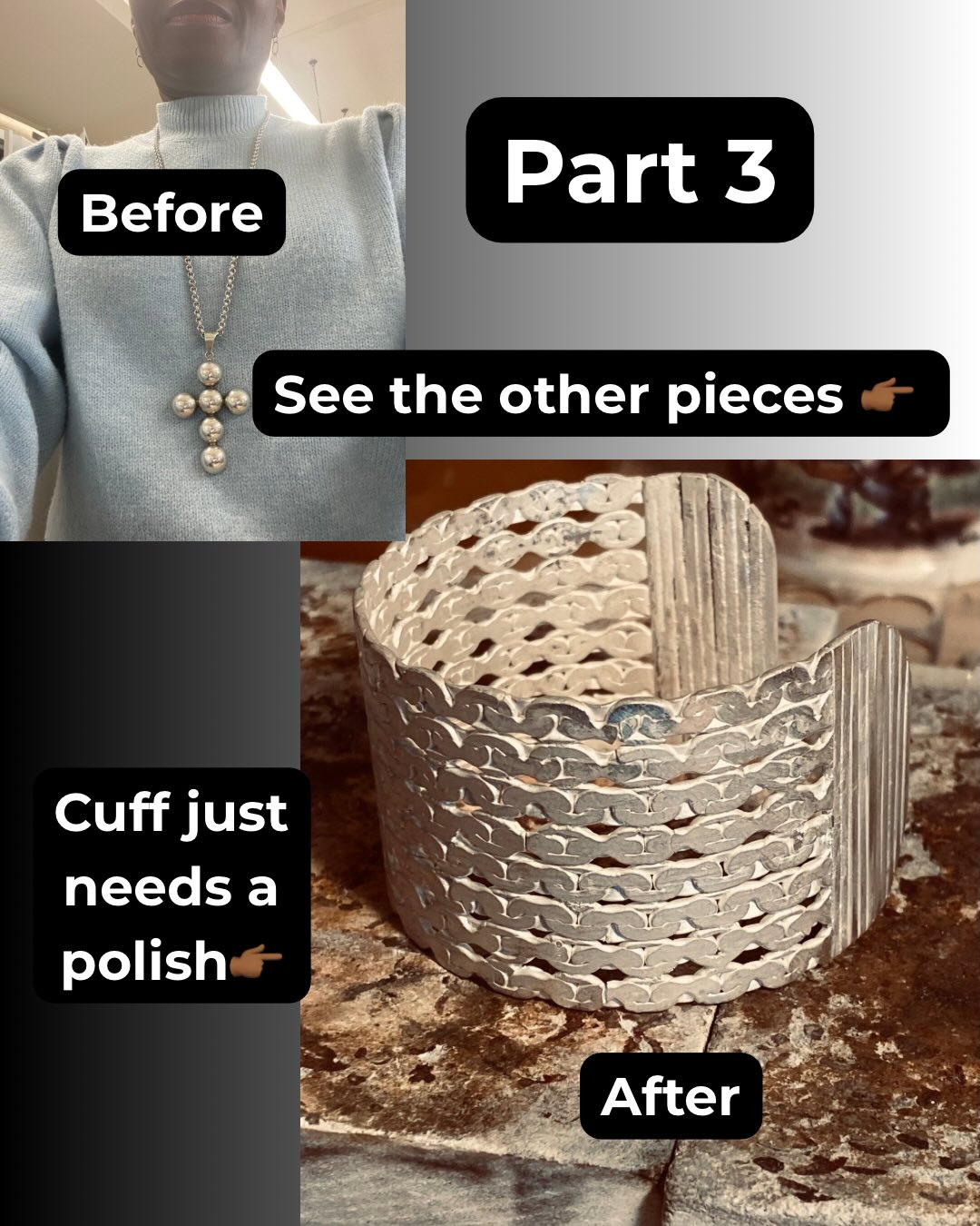 Part 3: The Transformation ✨
What once was a bold silver cross now lives on as three new pieces — each with its own voice.
The original chain has been reshaped into a sculptural cuff,
the semi-hemispheres reborn as a statement ring and a softly reflective pendant.
This cuff just needs its final polish… and then the story is complete.
Nothing discarded.
Everything reimagined.
Silver by Golden 🤍
#SilverByGolden #JewelleryTransformation #SustainableSilver #silvercuff #statementring