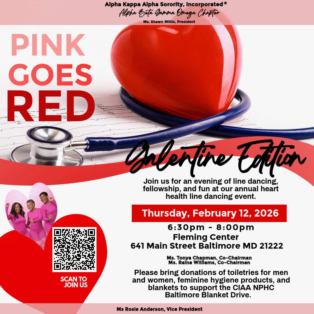 Pink goes red… and the dance floor goes UP! ❤️💃🏾
Join Alpha Kappa Alpha Sorority, Incorporated®️Alpha Beta Gamma Omega Chapter for our Pink Goes Red: Galentine Edition an evening of line dancing, fellowship, and fun in support of heart health.
🗓 Thursday, February 12, 2026
⏰ 6:30 PM – 8:00 PM
📍 Fleming Center
641 Main Street, Baltimore, MD 21222
Grab your girls, wear your red and come move with purpose while giving back to our community. Let’s dance for healthy hearts and strong sisterhood! 🩷❤️ RSVP Today
#PinkGoesRed #HeartHealth #AKAServe #GalentineEdition