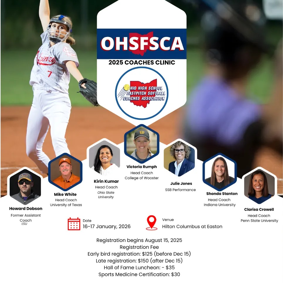 Back to Columbus this weekend for the OHSFSCA Clinic!
I’m excited to share three sessions designed to give softball coaches Monday-ready mental performance tools:
• The Mental Side of Hitting — how attention, intent, and language drive timing and confidence in the box
• Build Their Big-Game Brain — training athletes to handle pressure, build real confidence, and compete when it matters most
• Reset, Refocus, and Rally — fast, science-based reset tools to recover from mistakes and stay locked in
If you coach high school or travel ball softball and want practical ways to help your athletes perform under pressure, handle mistakes, and compete with confidence, I’ll see you there. 💪🥎