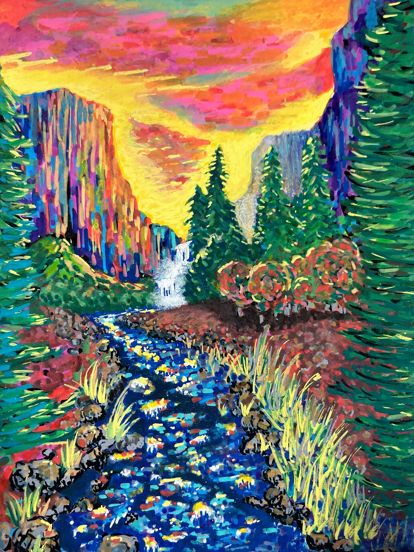 “Neon Canyon”
Some places don’t just look beautiful — they feel powerful.
This one’s inspired by the kind of hike where the colours get burned into your brain: glowing sky, dark pines, cold water. Passing through Yosemite in the mid 90’s I camped by the river here in my way to a sea-kayak guiding course i took in California
Acrylic markers and Acrylic paint + Posca. 🌲⛰️ #mountainart #riverart #forestart #canadianartist