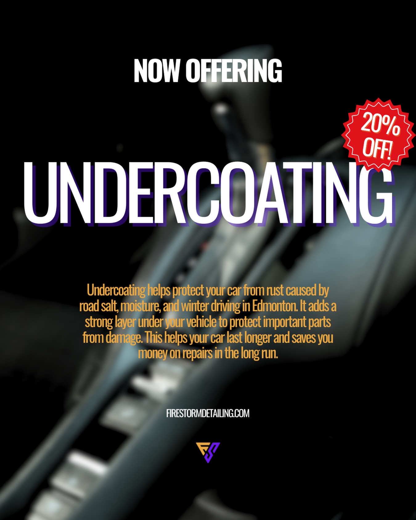 Friendly reminder that our 20% OFF promotion is on all month long!
We get it, detailing might not always be your top priority, but protecting your car should be.
Now’s the perfect time to book services like undercoating, paint protection film (PPF), polishing, and more to keep your vehicle looking great and protected all year round.
book your appointment today at firestormdetailing.com 🔥