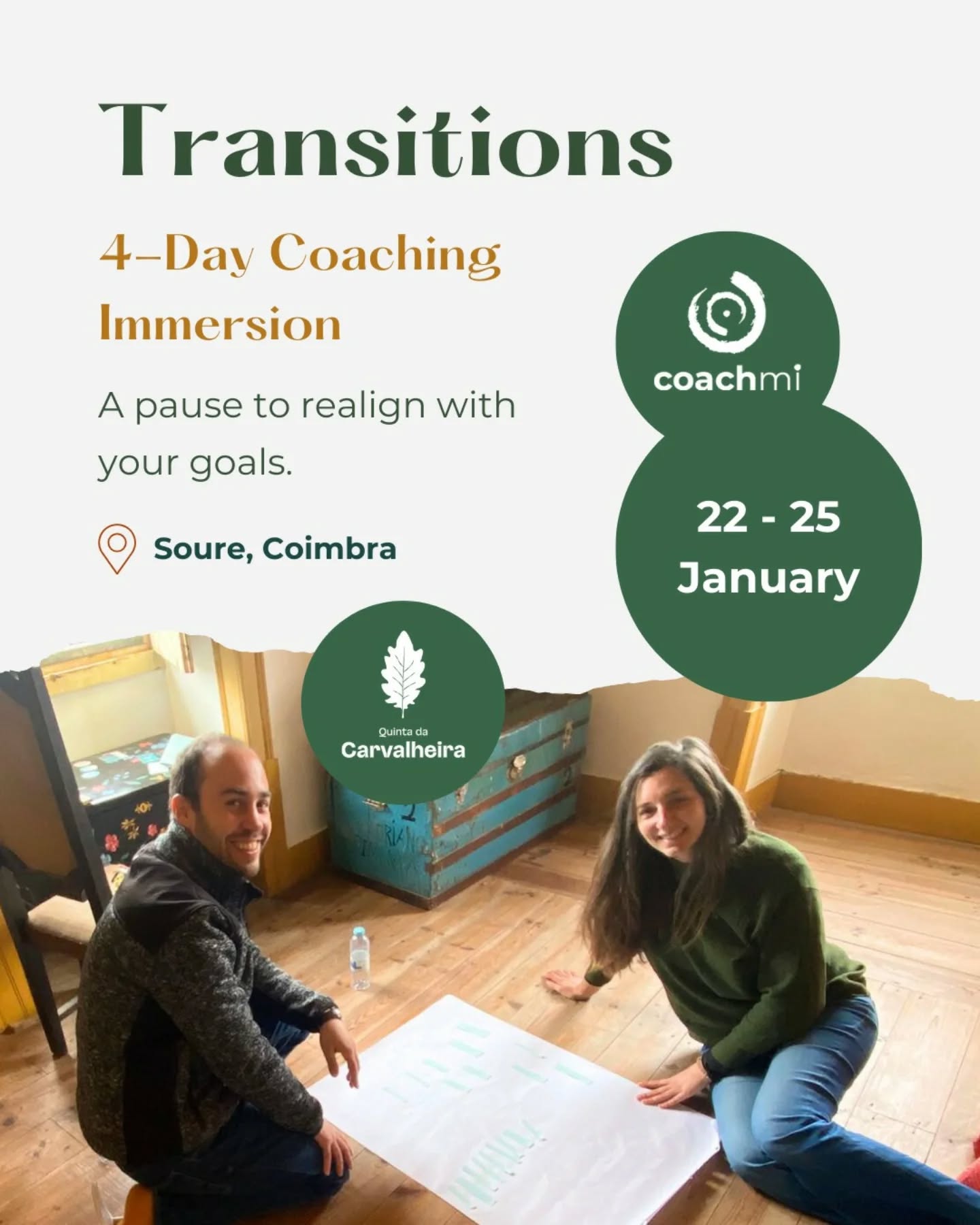 Feeling called to slow down, reconnect with yourself, and choose a more meaningful path?
This 4-day immersive experience in nature is for purpose-driven professionals ready to slow down, reconnect with themselves, and move forward with clarity and confidence.
Through professional coaching (ICF), embodiment practices, and nature-based integration, you’ll shift from burnout or confusion into grounded and aligned action.
Lead by @ines.coachmi from @coachmi.pt, she will be holding a safe space with autenticity and care for inner discovery and authentic expression.
You will feel even more nourished by @mana.regenera and their magical regenerative cooking!
✨ Limited spots
🌱 More info: link in bio