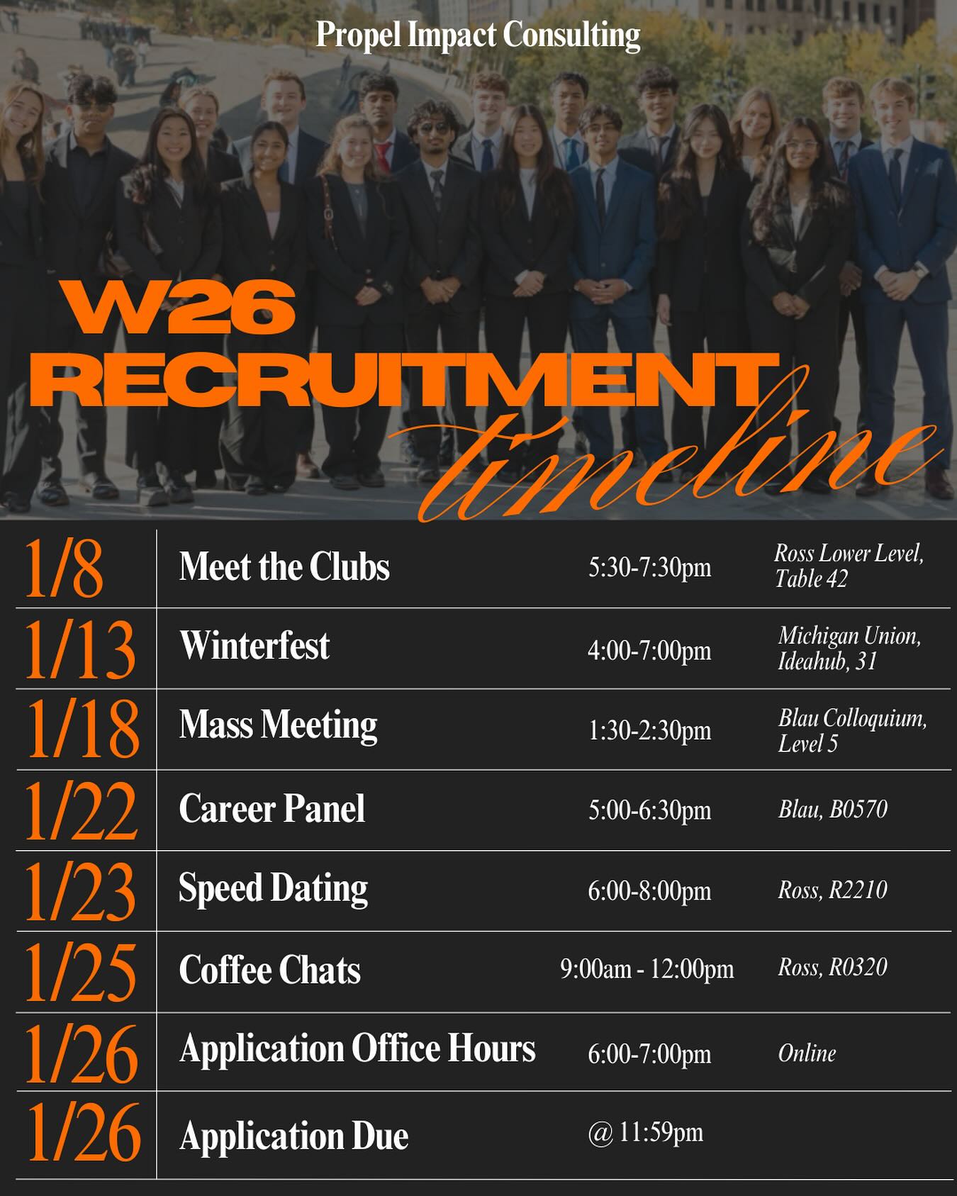 Our winter 26 recruitment schedule is officially here!! Join us at our upcoming events to learn more about the work we do and the Propel community. We can wait to see you all there!