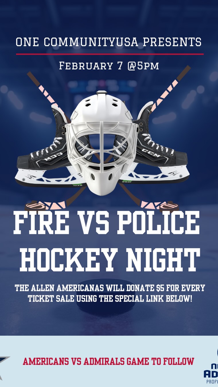 TICKETS ARE LIVE: https://www.gofevo.com/event/Onecommunityusa2
Two games. One electric night on the ice.
Join us for an unforgettable night starting with the Fire vs Police face off followed by the Americans vs. Admirals battle! See you there!