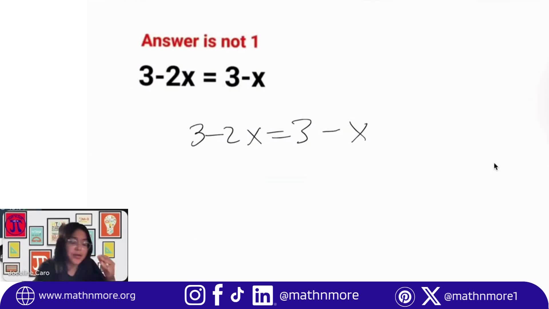 ✏️ Equation time!
3 – 2x = 3 – x
➡️ 3 – x = 3
➡️ –x = 0
➡️ x = 0 ✅
#WhatsTheAnswerWednesday #MathNMore #MathIsLife