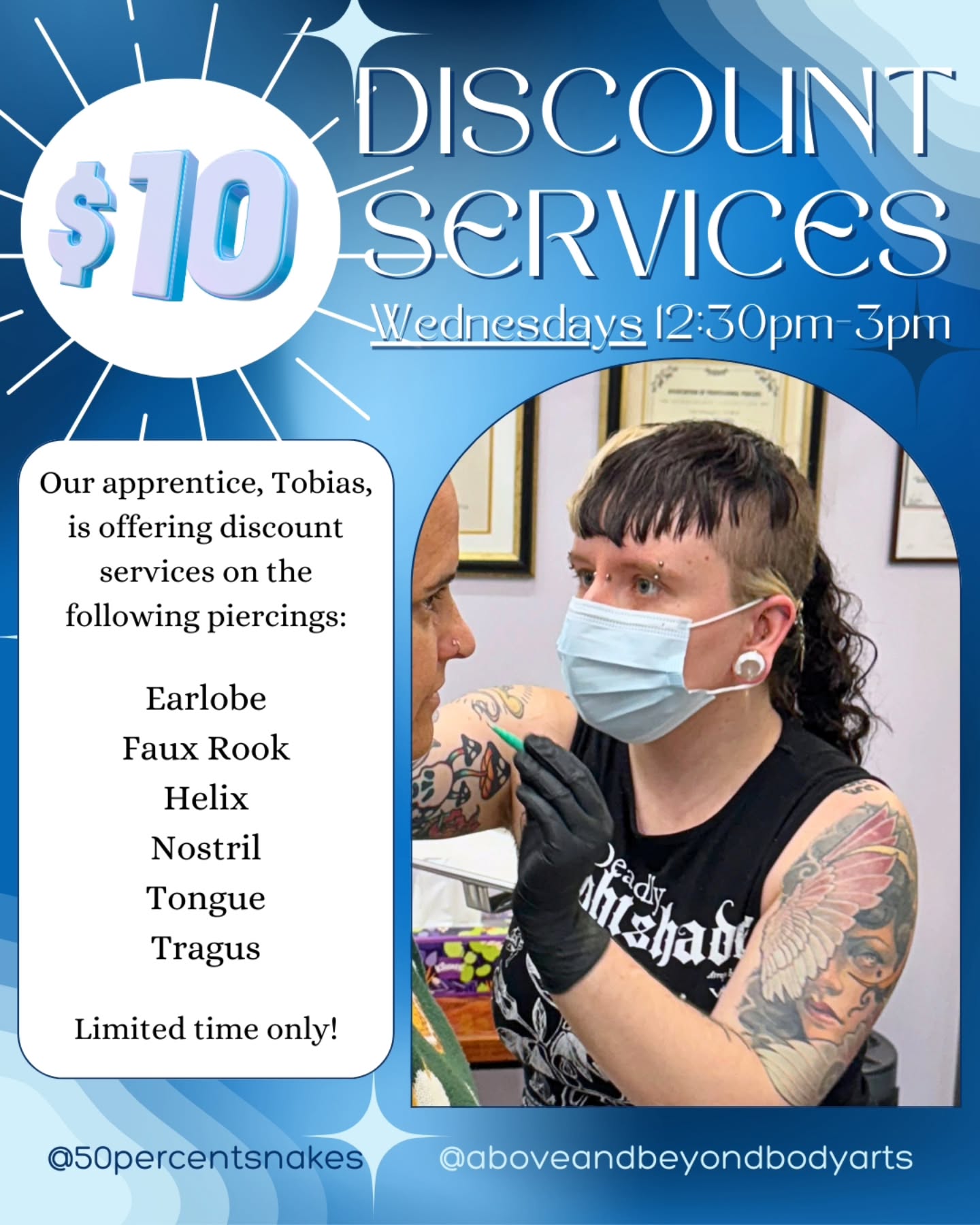 Our apprentice Tobias ( @50percentsnakes ) has added some new piercings to their service list!
The new piercings Tobias can be booked for at a discount service fee are: Faux Rook, Nostril, and Tragus. They are still booking Earlobe, Helix, and Tongue.
All of these services have a reduced service fee of $10 per piercing, and are performed under the supervision of their mentor and head piercer, Josh. These services require an appointment, and are available every Wednesday between 12:30pm - 3pm. These are limited to two piercings per person per appointment.
To learn more about these services, or book one for yourself, click the link in our bio to go to our website! Tobias is out of the studio traveling this week, but they still have some availability for when they return, and they tend to book out fast! If you're interested, make your appointment online today ☺️
#piercingapprentice #safepiercing #piercing #santabarbara #bodyjewelry