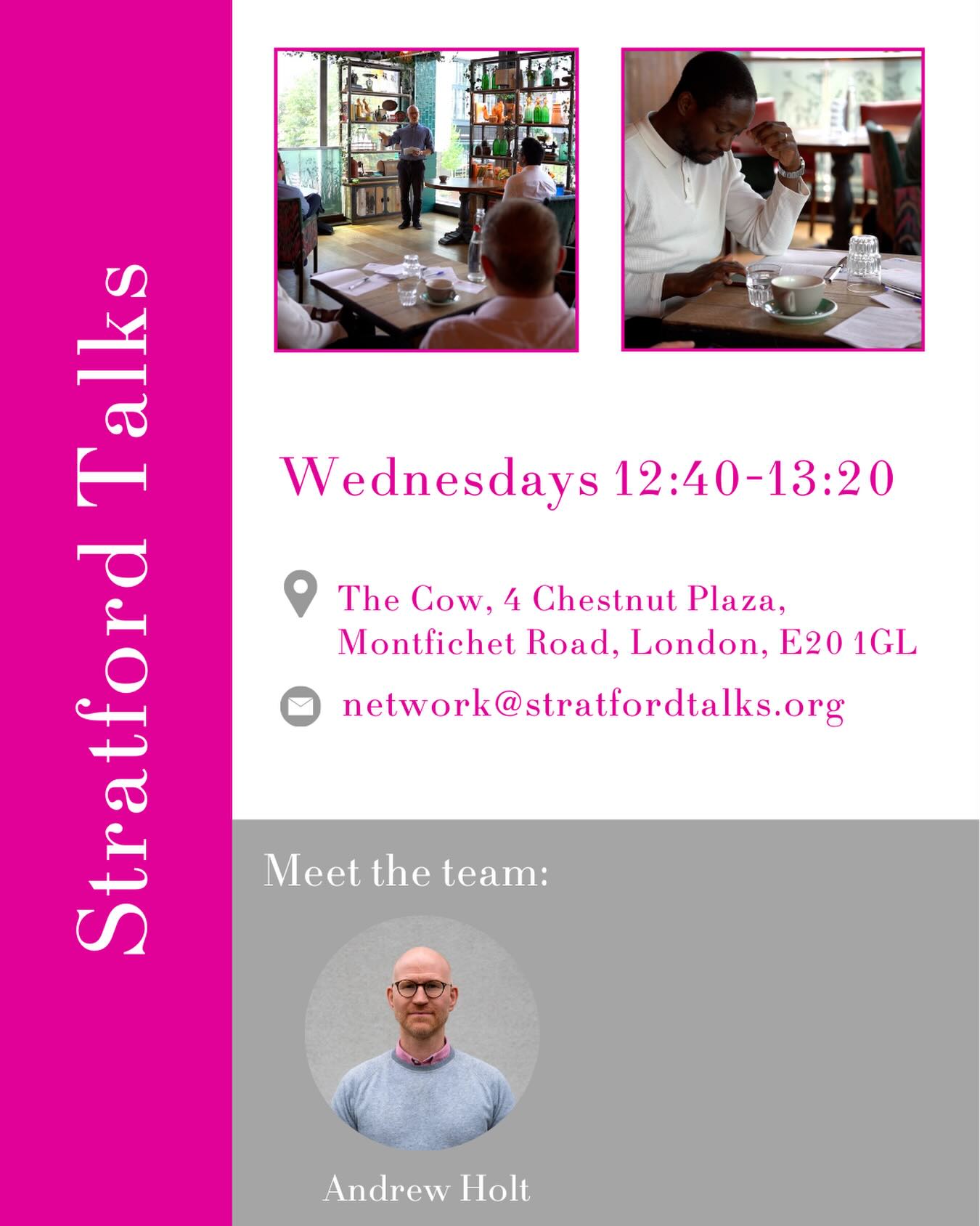 Lunchtime Talk Tuesdays!
Find out whatās going on across central London with our series introducing you to a different talk each week.
Stratford Talks
Where many see Jesus Christ as irrelevant to 21st century living, we have discovered that life makes most sense when you put him at the centre of everything ā even work!
So, every Wednesday, we have a stimulating 20-minute talk from the Bible that is accessible to sceptics, enquirers and Christians alike. All are welcome ā we hope to meet you soon!
New series for January - What is The Meaning of Life?
Starting tomorrow, 14 January in person at The Cow, or you can also join the sessions online via Zoom (drop us an email for the details).
One of the problems with the busyness of life today is that we rarely get a chance to stop and ask the bigger questions...
ā Who am I?
ā Why am I here?
ā What does a meaningful life really look like?
Sometimes the big questions push themselves to the front of the queue - perhaps we lose our job, a relationship ends, we face a health crisis, we experience the death of someone we love.
But even then - where do we find the answers?
Thatās what our Life series is all about - exploring the biggest questions anyone could ask, and seeking answers from one who claims to not only be able to teach us about life, but to be the very life that we are all looking for - Jesus Christ.
We hope that you can join us this week and for the next six weeks at Stratford Talks as we do just that.
ā Wednesdays 12:40-13:20
šThe Cow, 4 Chestnut Plaza, Montfichet Road E20 1GL and on Zoom
āļø network@stratfordtalks.org
š www.stratfordtalks.org
#stratford #gospelatwork #lunchbreak
#christianity #london
