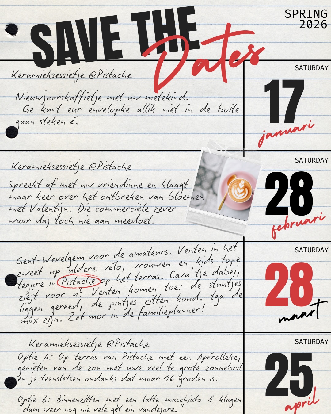 KOFFIEBAR PISTACHE
Op menig verzoek openen we
elke maand 1 zaterdagnamiddag onze deuren!
(Dit zou zomaar eens iemand zijn agenda kunnen zijn😜)
What to do:
• keramieksessies mogelijk
• special amateurcoureurtreatment op Gent-Wevelgem
• verjaardagsfeestjes inplanbaar
• genieten voor alle leeftijden
• zonnig terras ☀️ & cosy inside
Zien we jullie op één van de dagen?
Laat het weten in de comments en maak kans op een koffietje van het huis! ☕️