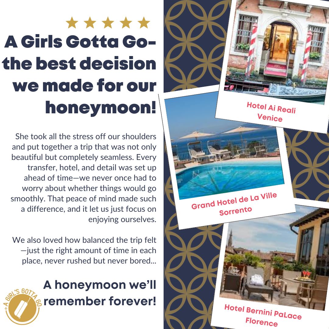Starting off the week on a love-filled note 💕🇮🇹
There’s nothing we love more than hearing how a honeymoon felt effortless from start to finish. This couple trusted A Girl’s Gotta Go with their Italian honeymoon, and their words perfectly capture why having an expert in your corner makes all the difference; seamless planning, thoughtful pacing, and zero stress so you can focus on what truly matters, each other.
From start to finish, this was the kind of honeymoon memories are made of… and we’re so honored to have been part of it. ✨
#TravelInStyle #TKO #honeymoon #traveladvisors #Italy #RomanticTravel