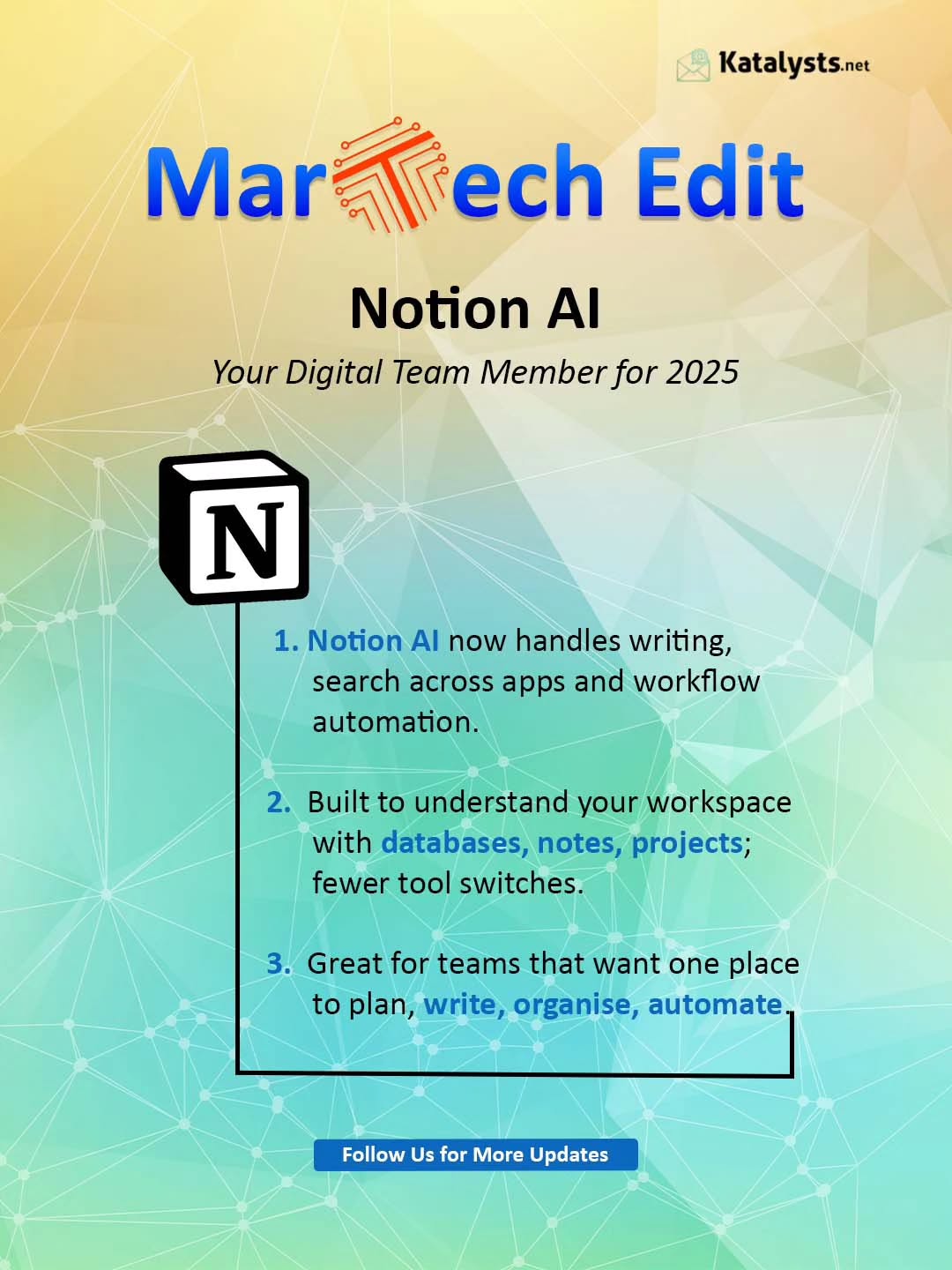 Your tools shouldn’t just store work; they should think with you.
Notion AI is shaping up to be a true digital team member in 2025:
- Smarter writing
- Search that understands context
- Workflows that feel connected, not fragmented
How are you currently using Notion, as a doc tool or a system of work?
#notion #digitalmarketing #founder #businessmindset #katalystsdigital