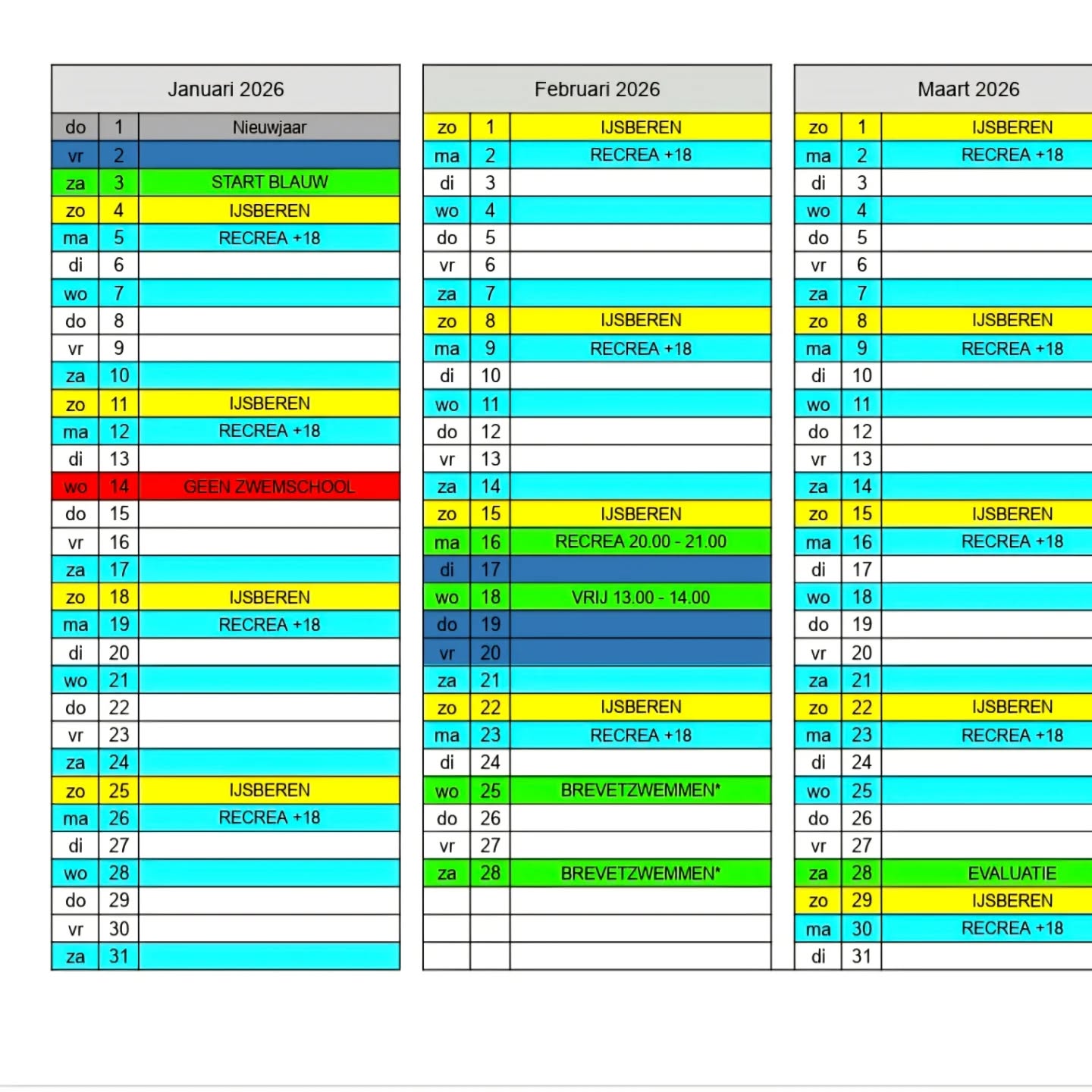 Nog even eraan herinneren ...
• Op woensdag 14/01/2026 is er geen zwemschool door een activiteit die door de scholen wordt georganiseerd!
U kan onze kalender steeds raadplegen op onze website: www.zwemclubikz.be
