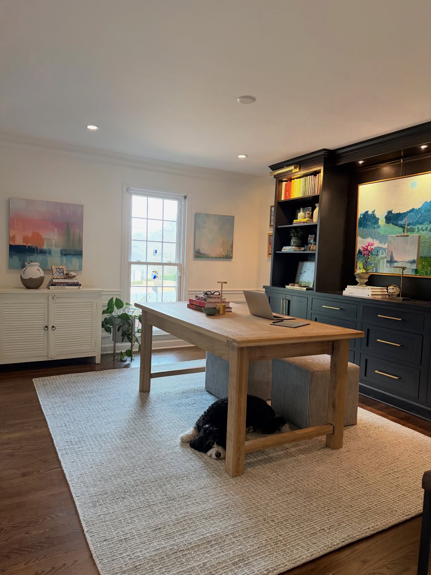 This is the hub of all things JMS. New work inventoried, packing sold art, framing new pieces, responding to clients, planning with artists, brainstorming…plus homework sessions with my girls. I was thrilled to do a little refresh with a new rug (that didn’t break the bank). Even my pup, Maizey, agrees it’s a great space to be. I’ve shared this rug, that comes in 2 colors, and some other favorite office items in ShopMy.
I’m excited to share new work soon…and if you’d like to see the available art in person, I would love to have you come by - just schedule an appointment on the website!