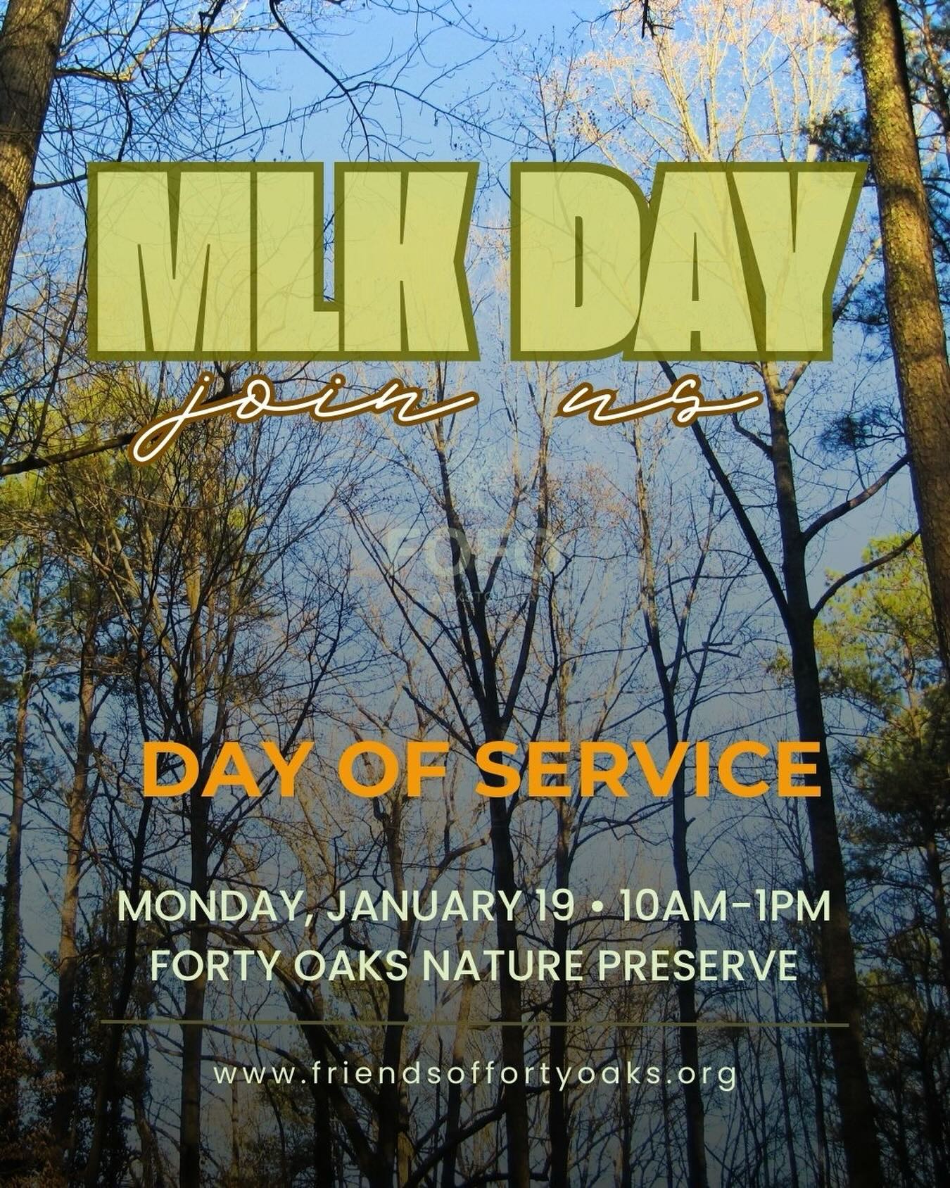 MLK Day of Service at Forty Oaks 🌿
🗓 Monday, January 19
⏰ 10:00 AM–1:00 PM
Join us as we honor Dr. King’s legacy through service. We’ll spend the morning caring for the Forty Oaks Nature Preserve—removing invasive plants, cleaning up litter, and helping restore this shared community space. Bring your own tools/gloves or use ours.
Come for an hour, stay for the morning, or simply stop by to say hello and learn more. All are welcome.
📍 Forty Oaks Nature Preserve
🔗 friendsoffortyoaks.org
#MLKDayOfService #naturepreserve #fortyoaksnaturepreserve #clarkstonga #CommunityCare #ServeLocal #nature