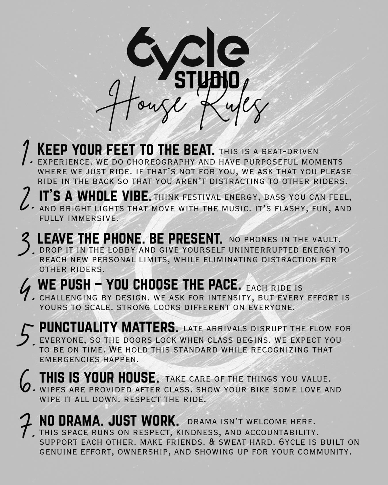High energy. Shared accountability. Respect for the room. Riding with intention. That’s how we keep the vibe right. That’s the 6ycle standard.
