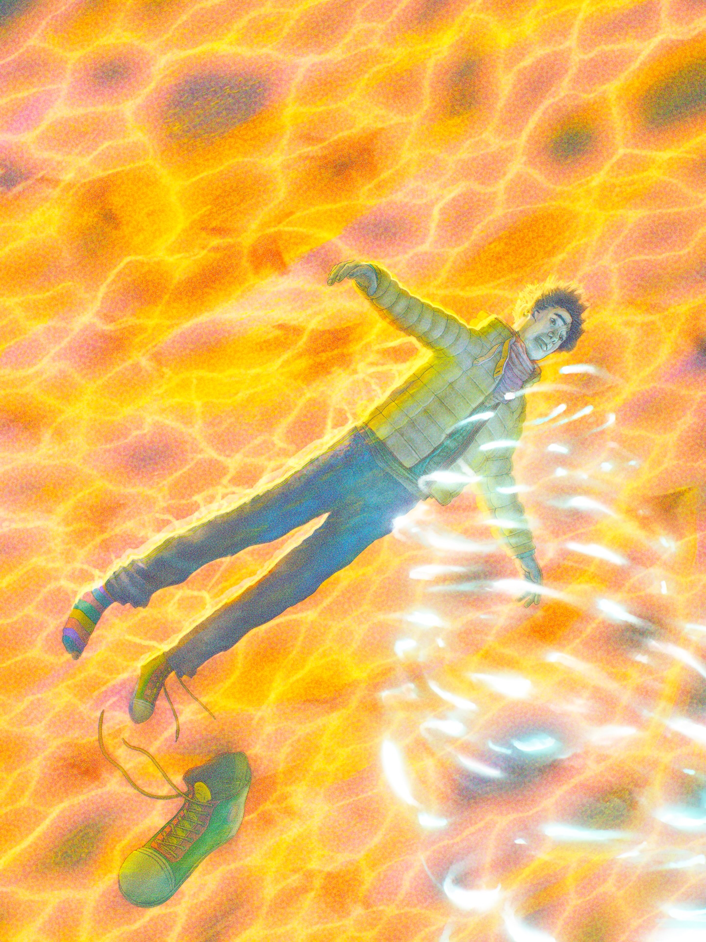 "Breaking Light"
A handmade illustration inspired by a dream in which I floated face down adrift in the ocean with my face and ears beneath the surface. In the dream I wanted to drown myself in hopes of muting out the noise, cruelty and horror outside and everywhere. This pursued "peace" wasn't too different from the calm found in the absence of life, and it came at the cost of staring into a cold and desolate pitch black abyss- alone. It all changed when small glowing fish started swiming upwards towards me. I couldn't understand why, but they made me feel that things above surface can change for the better. It's like they wanted to remind me that even in seemingly infinite darkness there is always light. Just like the stars at night or the sun that visits you every day.
*Made with pen, paper, procreate, and hope(little fish).