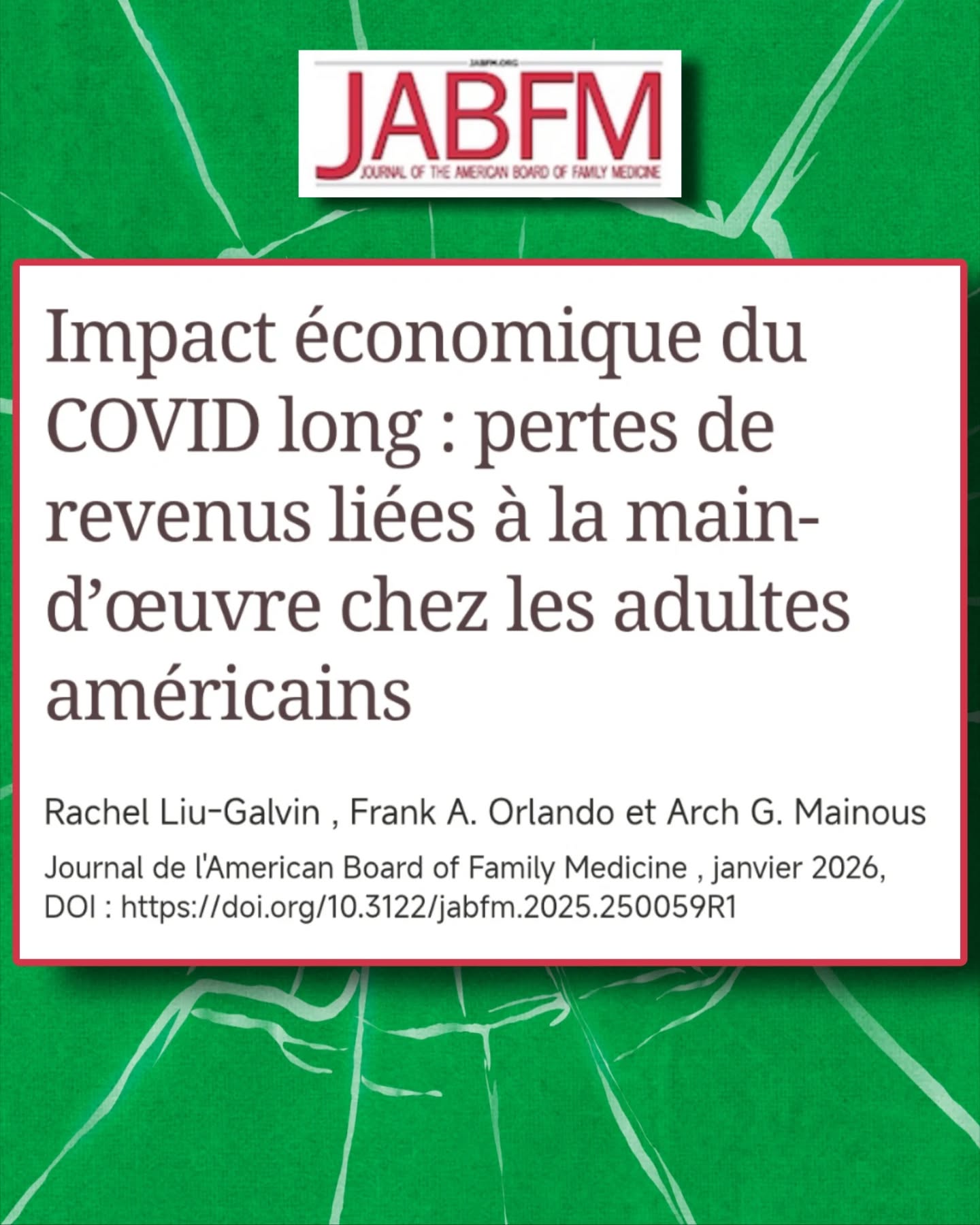 🧵#CovidLong & travail : un coût économique massif et sous-estimé
📌Une nouvelle étude américaine🇺🇸 (JABFM, 2025) chiffre le coût réel du Covid Long en jours de travail perdus.
🔎Le constat de départ
Les personnes atteintes de #CovidLong manquent significativement plus de jours de travail que :
- celles n’ayant jamais eu le Covid
- celles ayant eu le Covid sans Covid Long
➡️ Impact direct sur l’emploi, les entreprises et l’économie.
📊L’étude en bref
Données : Medical Expenditure Panel Survey (États-Unis, 2022)
Population : adultes travaillant à temps plein
Prévalence du #CovidLong : 7,8 %
🧮Méthodologie
Le coût du travail perdu est estimé à partir de :
- Heures travaillées
- Salaire horaire
- Jours d’absence pour maladie
➡️Approche standard en économie de la santé (méthode du capital humain).
💸Résultat clé – niveau individuel
Coût moyen annuel des jours de travail perdus :
- #CovidLong : environ 1 944 $ (=1 790 €) par personne
- Jamais eu le Covid : environ 702 $ (=646 €)
- Covid sans Covid Long : environ 1 466 $ (=1 348 €)
➡️Le #CovidLong multiplie presque par trois le coût par rapport aux personnes non infectées.
📉 Résultat clé - niveau population
🇺🇸Coût total du CovidLong en 2022 (États-Unis) :
➡️ environ 12,8 milliards $ soit 11,8 milliards €
Uniquement liés aux jours de travail manqués, sur une seule année.
⚠️Point essentiel
Ce coût élevé est observé alors que :
- La majorité des personnes ont des congés maladie payés
- Seules les personnes encore en emploi à temps plein sont comptabilisées
➡️Le problème n’est pas l’absence de congés.
➡️Le problème est la maladie elle-même.
🩺Congés maladie : une fausse solution
Avoir des congés maladie payés ne réduit pas le risque de développer un CovidLong.
👉Ce n’est pas un enjeu de protection sociale
👉C’est un enjeu de prévention et de santé publique.
🚨Une sous-estimation probable
Ne sont PAS inclus dans ces chiffres :
- Les sorties définitives de l’emploi
- Les arrêts longue durée
- Le temps partiel subi
- L’invalidité
- Les personnes trop malades pour travailler
➡️Le coût réel est probablement bien supérieur.
⏬Suite en commentaire⏬ @stephanie.rist @gouvernementfr @economie_gouv @travail_gouv