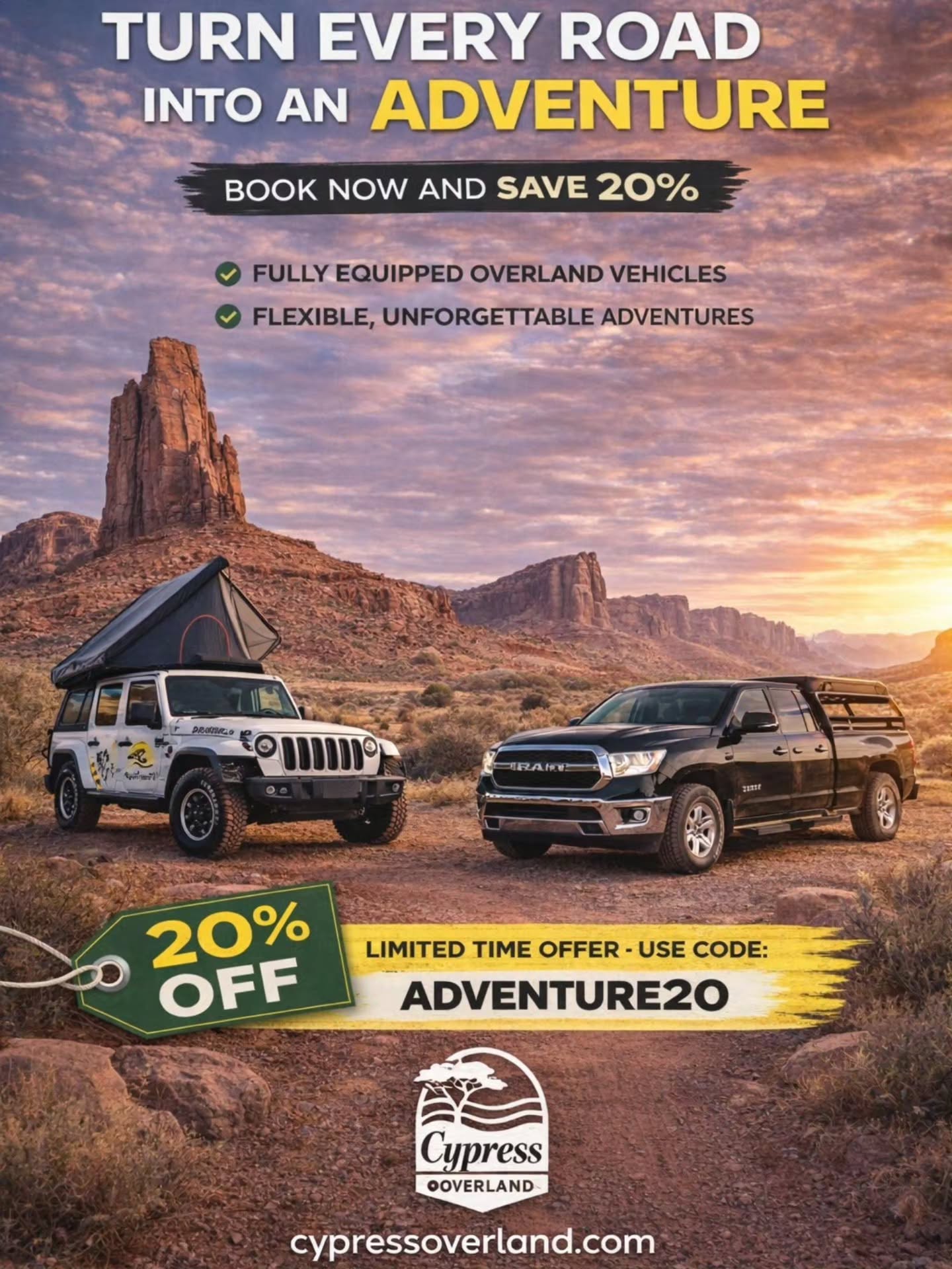 Turn every road into an adventure.
Imagine waking up in the middle of the desert, cooking under the open sky, and driving wherever the road, or no road at all, takes you.
With Cypress Overland, your trip isnât planned around hotels or schedules⌠itâs built around freedom.
Our fully equipped Jeep Wrangler Rubicon and RAM overland truck are ready to take you deep into the American West â comfort, autonomy, and true immersion included.
⨠Stop anywhere
⨠Access remote and iconic locations
⨠Travel at your own pace
⨠Sleep where nature is at its best
đ LIMITED OFFER â 20% OFF (terms & conditions apply)
Use code ADVENTURE20 when booking your next trip.
đ Book now at cypressoverland.com
Adventure doesnât wait. Neither should you.
#CypressOverland #OverlandLife #RoadTripUSA #AdventureAwaits #ExploreMore VanLifeVibes OffRoadAdventure BookYourAdventure