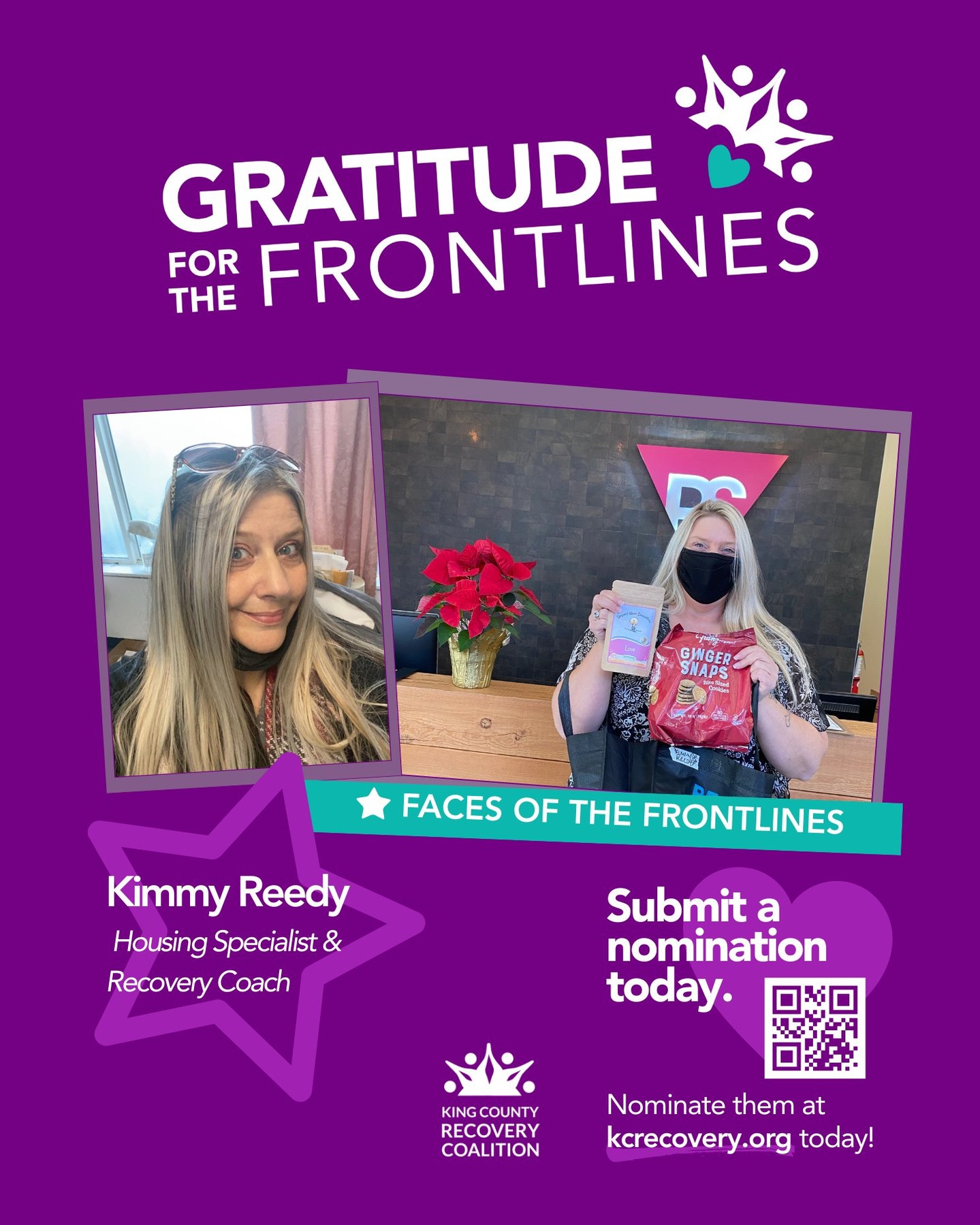 We’re currently collecting nominations for Gratitude for the Frontlines — a campaign dedicated to honoring the behavioral health workers who make recovery possible across King County.
One of our past nominees is Kimmy Reedy, a dedicated peer services specialist and the director of Recovery Navigator Program.
Last year, Kimmy shared her story on King County Recovery Conversations. From her lived experience to the work she does today supporting people navigating recovery, housing, and stability.
🎥 Watch the episode here:
https://youtu.be/gwu__yKxvVc
Kimmy’s story is powerful, and it’s just one of many.
If someone has supported your recovery, your family, or your work, this is your chance to recognize them.
If someone has supported your recovery, your family, or your work, this is your chance to recognize them.
