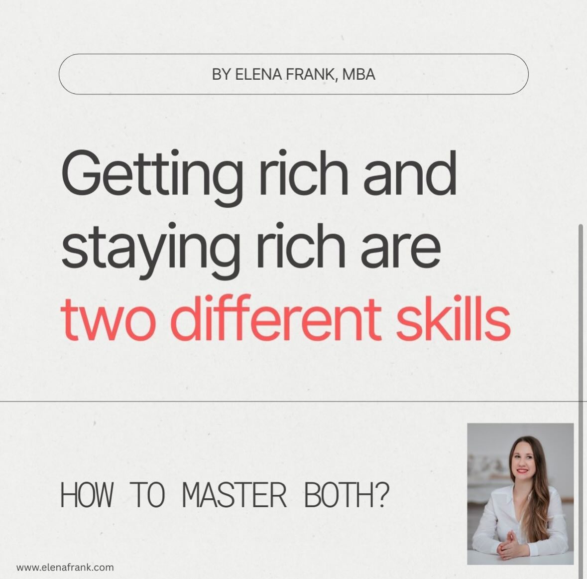 My clients always come with what seems like the same request: they struggle with money management. But are these struggles actually the same? Absolutely not.
Getting rich, staying rich, and multiplying wealth are different, sometimes even diametrically opposed, skills.
Getting rich requires us to push ourselves, to try new things, and to step outside our comfort zone.
Staying rich requires stoicism, patience, resilience, andโฆ humility.
Multiplying wealth requires somewhat technical knowledge and a high level of emotional intelligence.
The next time you think you struggle with money management, ask yourself: ๐ฌ๐๐๐๐ ๐ค๐ฃ๐? You might be brilliant at one of these, and that doesnโt prevent you from improving the others.