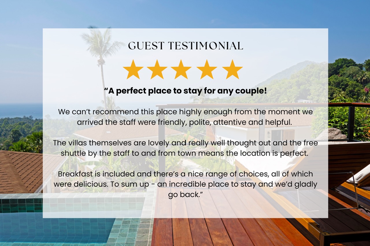 Nothing makes us happier than happy guests 🥰
DM or email us to reserve your spot!💬
#LuxuryVilla#KohTaoViews#Honeymoondestinations
#LuxuryResort#DiveKohTao#Diving#ChalokBaanKao#TanoteBay#MaoBay#HaadTien#Floatingbreakfast#AoLeukBay#SecretGardenEcoPoolVillas #EcoVillas#TravelThailand#GetawayGoals #Relax #KohTao #Thailand#privatepoolvilla #MountainView #IslandLife#KohTaoBeaches#LuxuryVilla#romanticgetaways#sunsethunter#luxurytraveladvisor#seaview#sunset#privatevilla#ecofriendlyhotels
