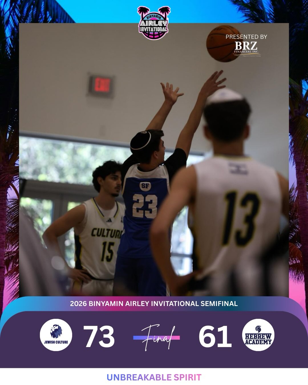 Jewish Culture cruises against RASG HA in Semifinals to go to Championship Game. TTB beats Landow in consolation game.