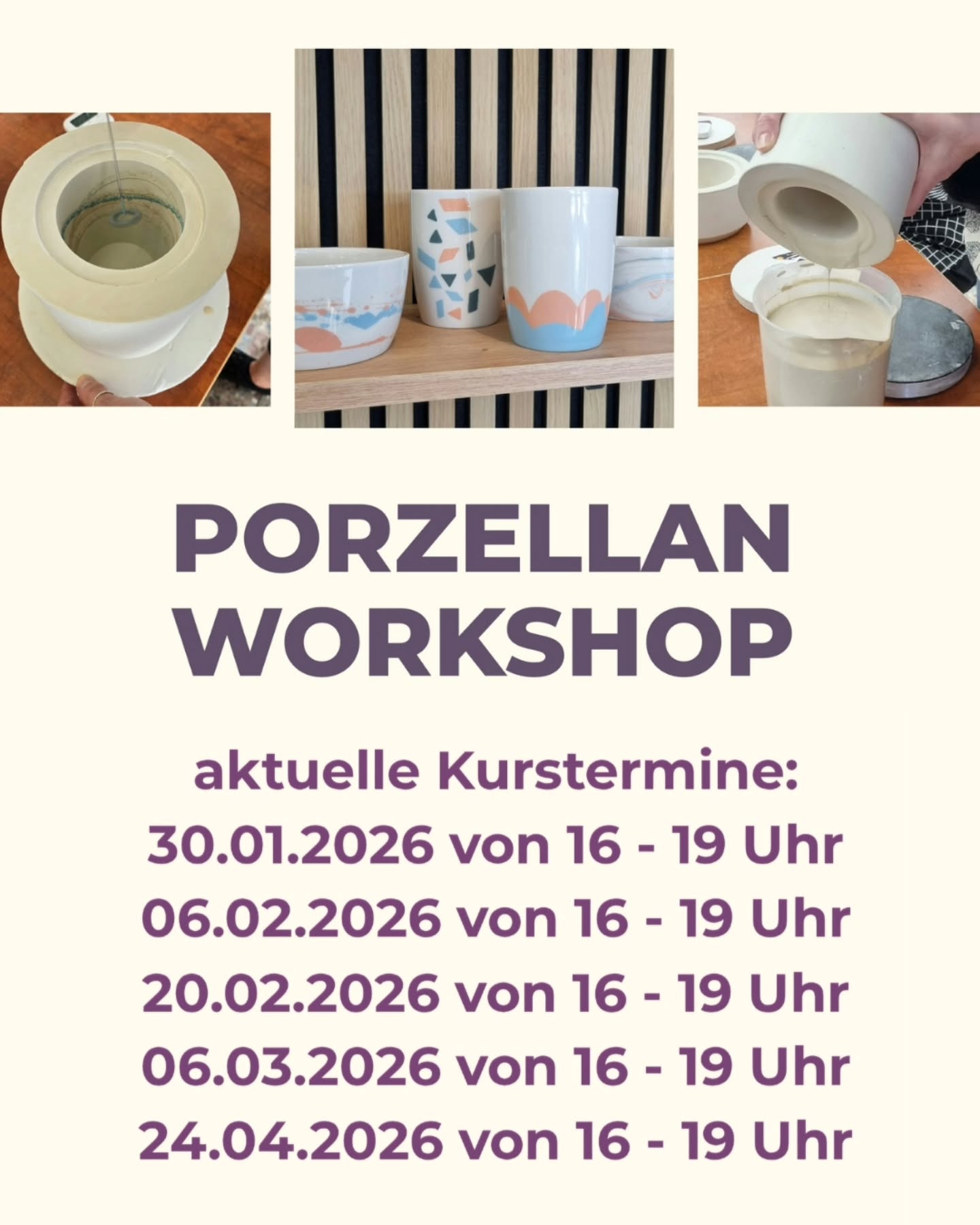 Workshoptermine Jan. - April 2026
Die neuen Workshoptermine sind online! Erhalte spannende Einblicke, wie Porzellan entsteht und werde selbst kreativ! In meinem 3-stündigen Porzellangießworkshop erfährst du mehr über dieses spannende Material und darfst selbst kreativ werden.
Unter professionellen Anleitung wirst du verschiedene Techniken des Porzellangießens kennenlernen, austesten und eigene einzigartige Stücke herstellen. Tauche ein in die Welt des Porzellans und lasse deiner Kreativität freien Lauf!
Im Kurs entstehen 3-4 Porzellanstücke (Becher, Müslischale & Dipschale).
Ausführliche Infos zum Kurs & das Buchungsformular gibt's unter www.claudia-bock.de (Link in Bio)
Du hast Interesse an einem individuellen Kurs?
Schreib mir gern eine DM!
#ceramics #töpferkurs
#porzellan
#kreativkurs