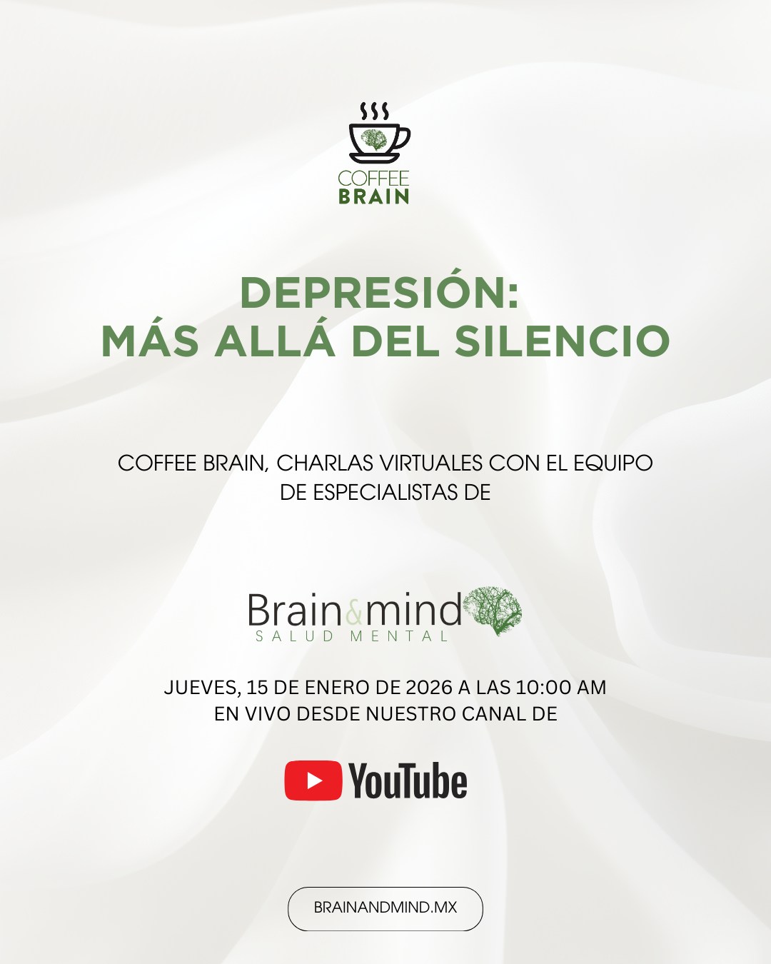 DEPRESIÓN: MÁS ALLÁ DEL SILENCIO
La depresión no siempre se ve, pero se siente profundamente.
En este episodio de Coffee Brain, conversaremos sobre lo que muchas veces no se dice: cómo se manifiesta la depresión, por qué el silencio pesa tanto y la importancia de nombrarla para acompañar y cuidar la salud mental.
Con el equipo de especialistas de Brain & Mind Salud Mental.
📅 Jueves 15 de enero
🕙 10:00 a.m.
📍 En vivo por YouTube
Para más información visita nuestra web: https://f.mtr.cool/sxhxxuesxp
#CoffeeBrain #SaludMental #Depresión #Psicoeducación #BrainAndMind