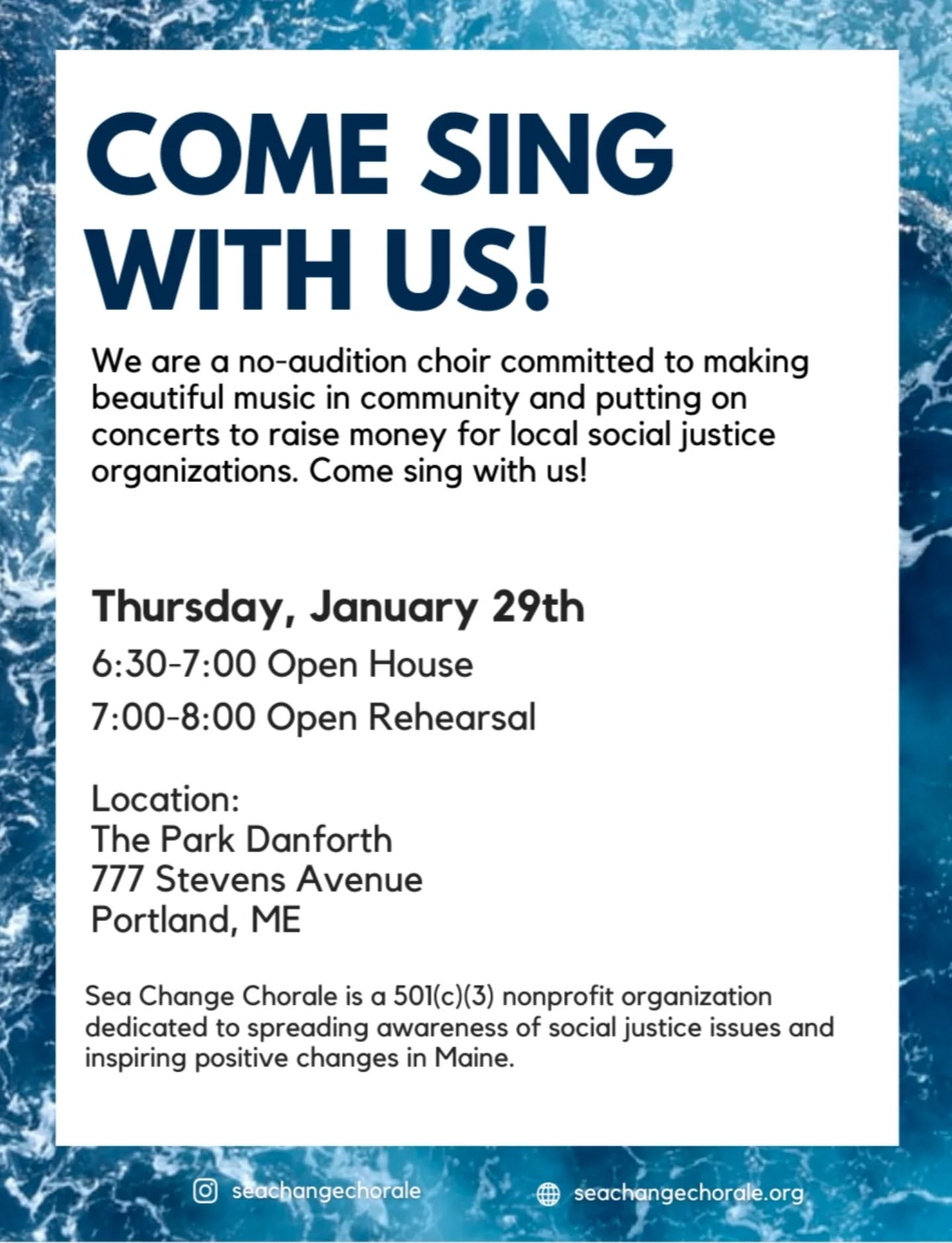 Come Sing With Us!
We're back with another Sea Change Open House! Join us on Thursday, the 29th and get to know the choir, see what we're about and even sing along
We're excited to see you there!