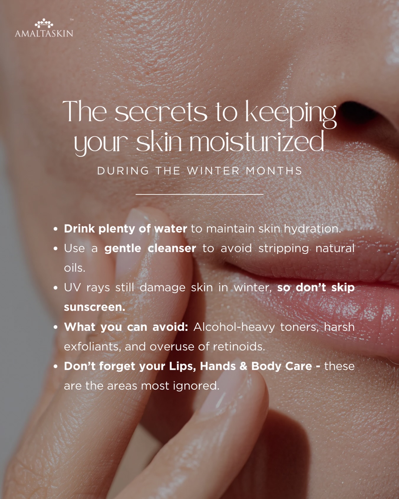 Winter weather can strip your skin of its natural moisture, leaving it dry, tight and sensitive. ❄️
The key to healthy winter skin lies in gentle cleansing, deep hydration and consistent sun protection - even when the sun feels mild.
Small changes in your routine can help strengthen your skin barrier and keep moisture locked in all season long. 💕
#amaltaskin #amaltas #skincare #skincaregoals #winterskin