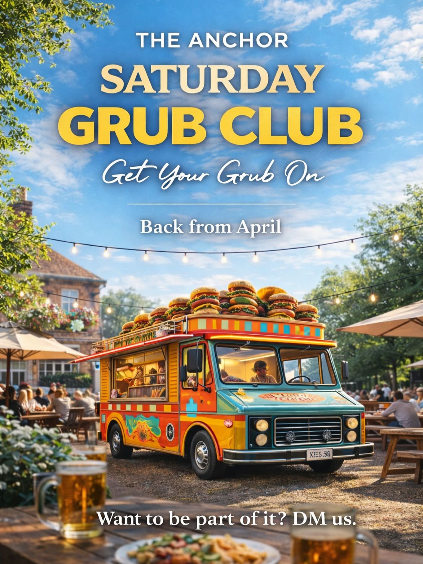 🍔🌮 Saturday Grub Club is back from April!
We’re bringing great street food, brilliant traders, and proper pub vibes to The Anchor.
If you’ve got a food truck or pop-up and fancy being part of it, we’d love to hear from you.
👉 Get your grub on
👉 Want to be part of it? DM us
