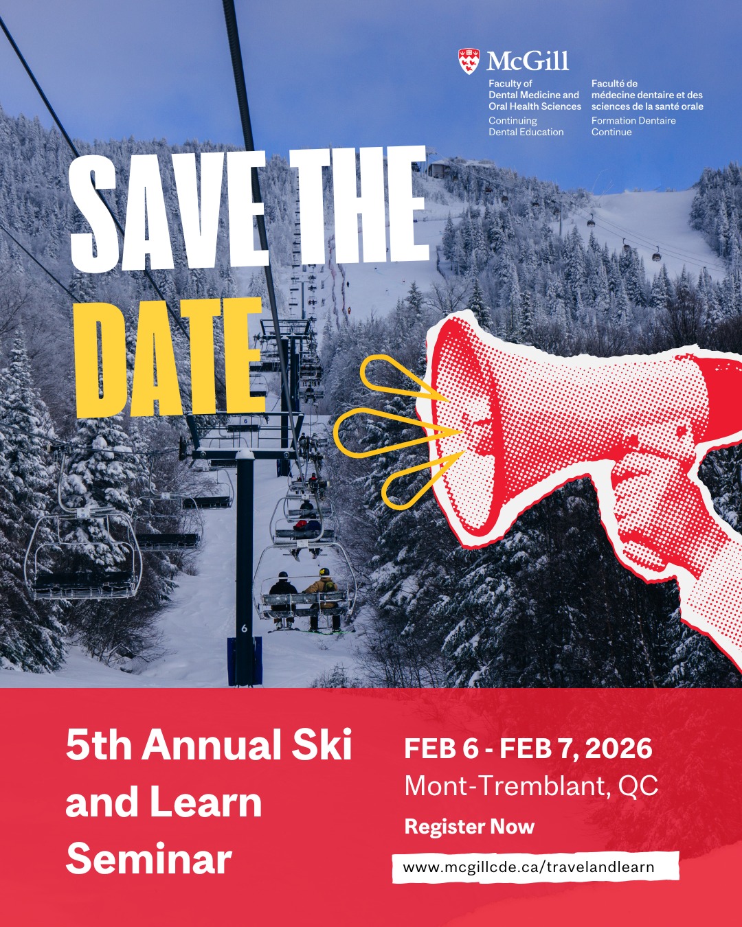 Enjoy our extended holiday discount on the McGill CDE’s 5th Annual Ski & Learn Symposium. Secure your Spot!
Join us in Mont-Tremblant, QC on February 6–7, 2026 for an unforgettable weekend of education, networking, and alpine adventure! Earn 7 CE units while exploring the future of dentistry through AI-powered innovation.
📚 This year’s theme: NextGen Dentistry: Where AI Elevates Clinical Excellence
Gain practical tools and insights on how artificial intelligence is transforming diagnostics, workflows, treatment planning, and patient care—direct from the experts.
Course Highlights
✔ 2-day in-person lecture series
✔ Expert-led sessions + real-world applications
✔ Cocktail reception Friday at 5:30 PM 🍸
✔ 7 CE units (ODQ / ADA CERP)
✔ Network with like-minded professionals
✔ Steps from the slopes at Tremblant Resort!
Group Discounts Available!
Bring your team, friends or family and receive up to 30% off.
🔗 Register now: www.mcgillcde.ca/travelandlearn
#McGillCDE #SkiAndLearn2026 #DentalEducation #AIinDentistry #TravelAndLearn #MontTremblantDentists #NextGenDentistry #DentalCE #DentistLife #ContinuingEducation #WinterSymposium #DentalNetworking #SnowAndStudy #DentistryWithAI #CEUnits #McGillDentistry