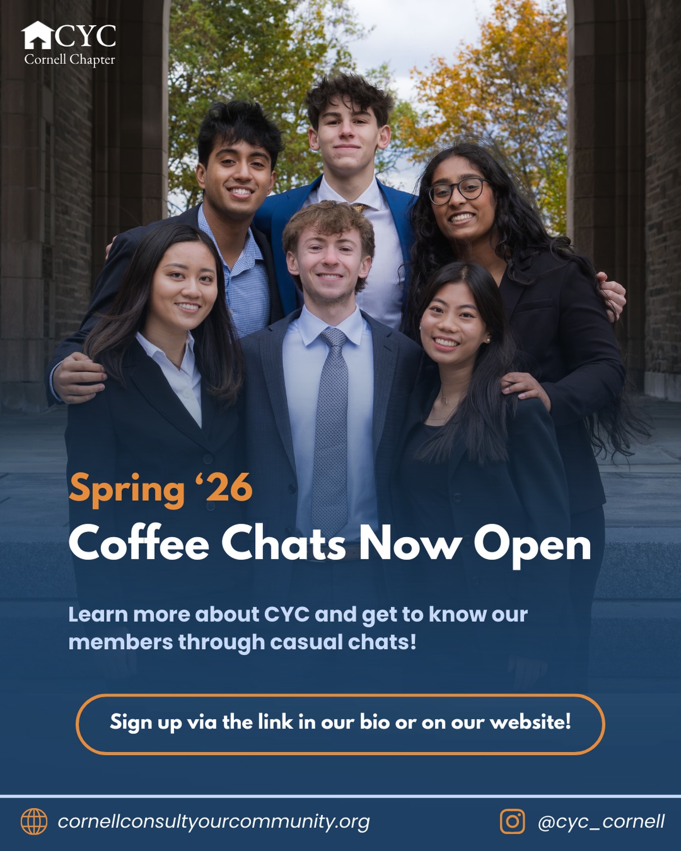 Coffee chats for Spring ‘26 are now open! Sign up through the link in our bio or our website to talk to one of our current members and learn more about CYC. Stay tuned for our full recruitment timeline! We can’t wait to meet with you all!