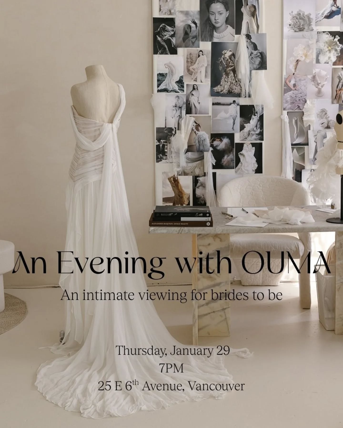 An invitation inside the atelier.
Join us for an intimate OUMA Atelier Open House and step into where our gowns are imagined and made.
- Tour our Vancouver production space
- Meet the designer
- Discover OUMA’s signature details — sculptural volume, romantic draping, textured fabrics, and our beloved bows
- Learn how to style your wedding dress with intention, from ceremony to celebration
🗓 Thursday, January 29
🕖 7:00 PM
📍 OUMA Atelier, Vancouver
Already found your wedding dress elsewhere? You’re warmly welcome. This evening is also for brides looking for a second dress, reception looks, and thoughtful accessories to complete the day.
RSVP via the link in bio — we can’t wait to welcome you into our world. 🤍