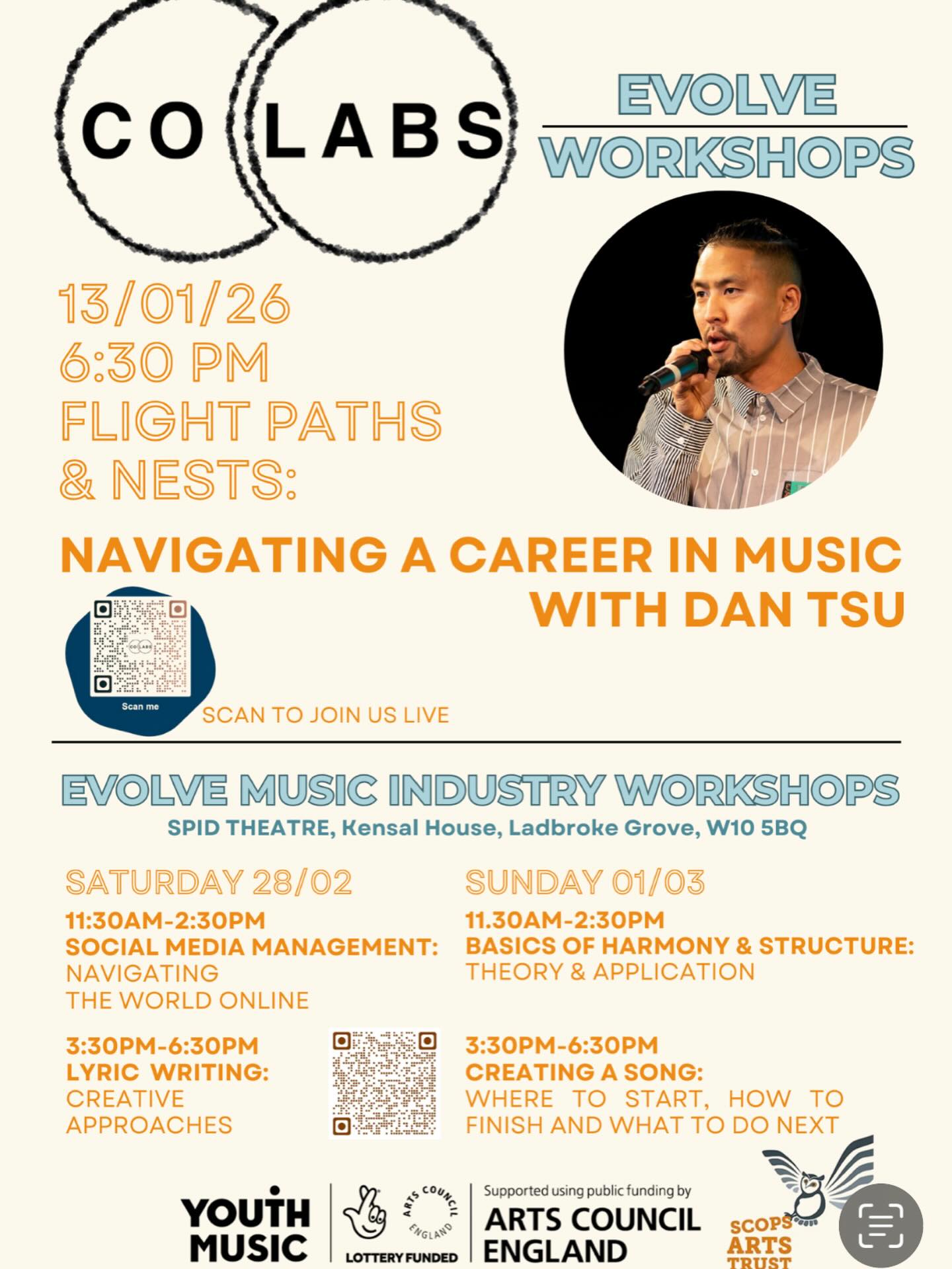 We are SO excited to kick off our EVOLVE WORKSHOP series with the mighty @offyellowradio Dan Tsu. If you have an little musical niggle, want to dive into the reality of working within the Music Industry or just fancy discovering what it has to offer, join us at 6:30 for our first session Flight Paths & Nests: Navigating a Career In Music with Dan Tsu! Just scan the qr code to open up the session. See you there!!
