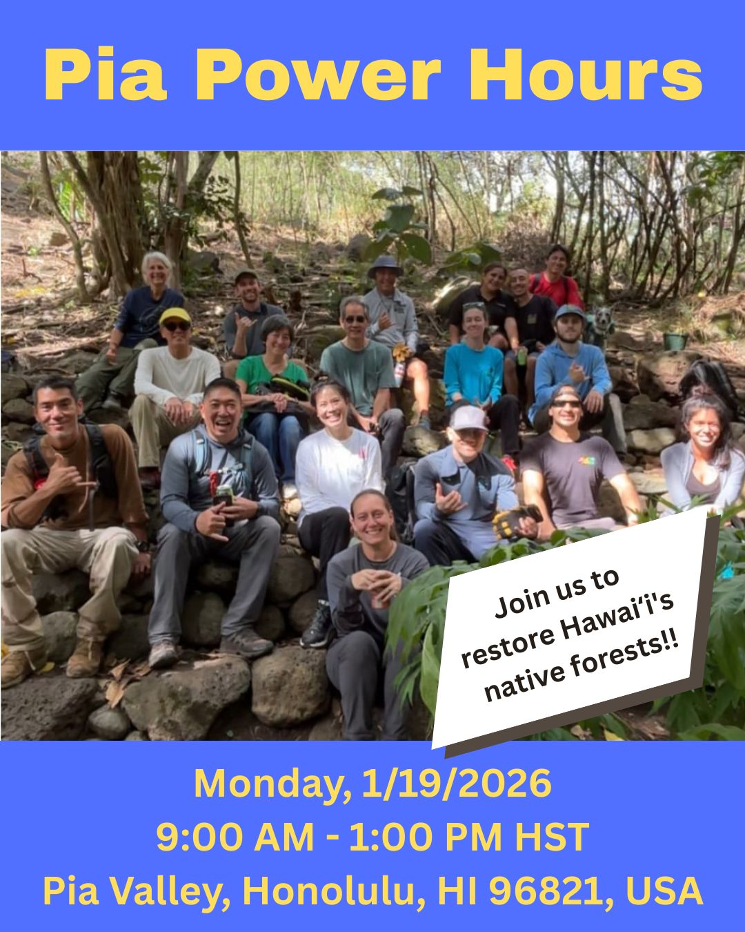 Join us next Monday for Pia Power Hours, a hands-on opportunity to get outside and support conservation efforts! Learn and work with us, and participate in a range of important restoration activities.
Jan 19, 2026, 9:00 AM - 1:00 PM HST
Pia Valley, Honolulu, HI 96821, USA
Meet us in the cul de sac at the end of Anolani Street.
https://wix.to/8gI2pXF
#hawaii #restoration #nativeforest #volunteer #touchplants #rsvpnow #savethedate