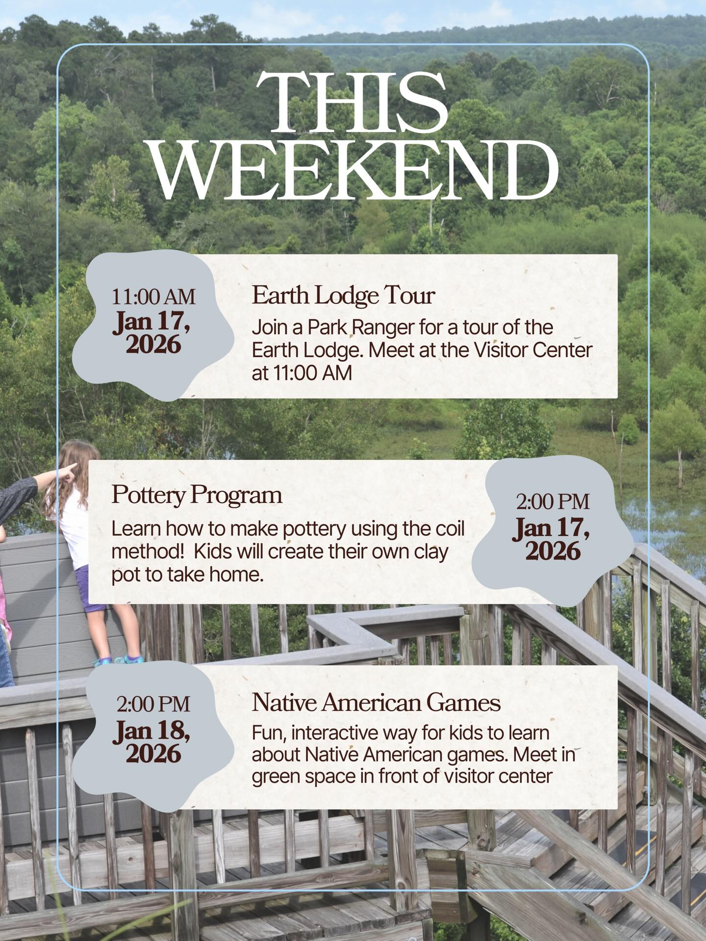 This weekend at Ocmulgee Mounds:
Join us for an Earth Lodge Tour*, Pottery Program, and Native American Games.
Native American Games are weather permitting. If needed, the Pottery Program will be moved indoors.
*Please note: The Earth Lodge is accessed through a 20-foot tunnel and is not wheelchair accessible.