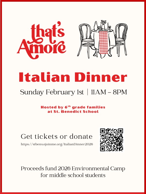 Tickets available now! 🍝
Join us for the St. Benedict Italian Dinner on Sunday, February 1st.
Eat well, support our students.
Register by Jan 25th for a chance to win an Italian-inspired raffle basket! 🇮🇹 https://stbens.ejoinme.org/ItalianDinner2026