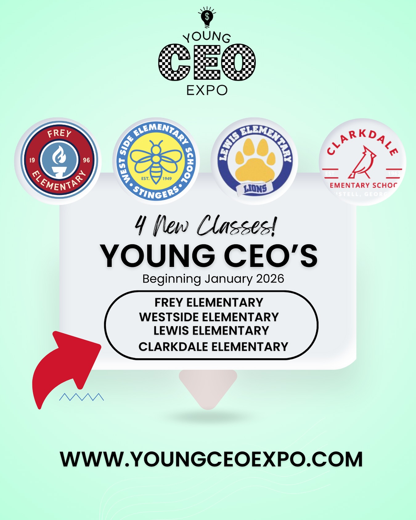 4 new schools. 1 powerful program. 💼✨
Young CEO’s begins January 2026 at Frey, Westside, Lewis & Clarkdale!
Sign up today 👉 www.youngceoexpo.com