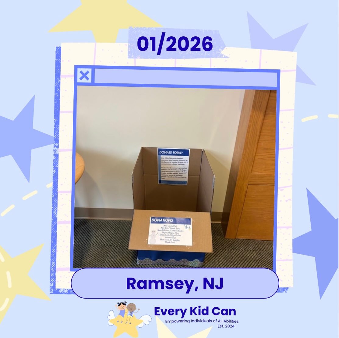 Every Kid Can placed our seventh donation box at the Ramsey Free Public Library in Ramsey, NJ during the month of January 2026. We have collected the donations recently, and are working to donate collected items to centers and programs that supported youth with disabilities. Every donation helps bring joy and inclusion to our community, so thank you to all who supported through donating.
Thank you for supporting our mission!
#donationboxes #libraries #disabilityawareness #everykidcan #neurodiversity
