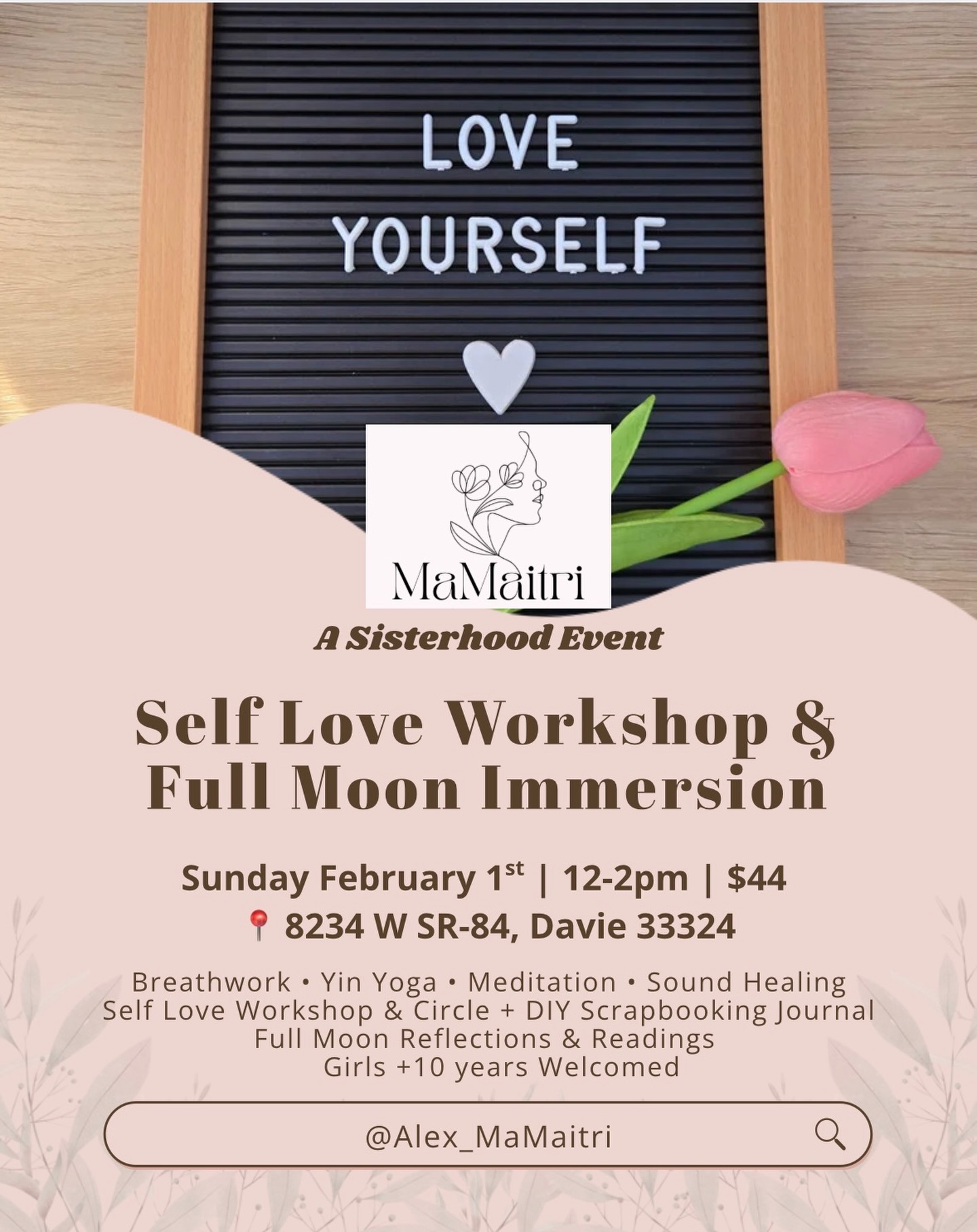 Join our upcoming Self Love Workshop & Full Moon Immersion with like-minded WOMBen š¤
⢠Breathwork
⢠Yin Yoga
⢠Meditation
⢠Sound Healing
⢠Self Love Workshop & Circle
⢠DIY Scrapbooking Journal
⢠Full Moon Reflections & Readings
š¤Girls +10 years are welcomed
š¤Come alone or bring a friend!
www.mamaitri.com/event
#selflove #fullmoon #womanscoach #yinyoga #browardfl