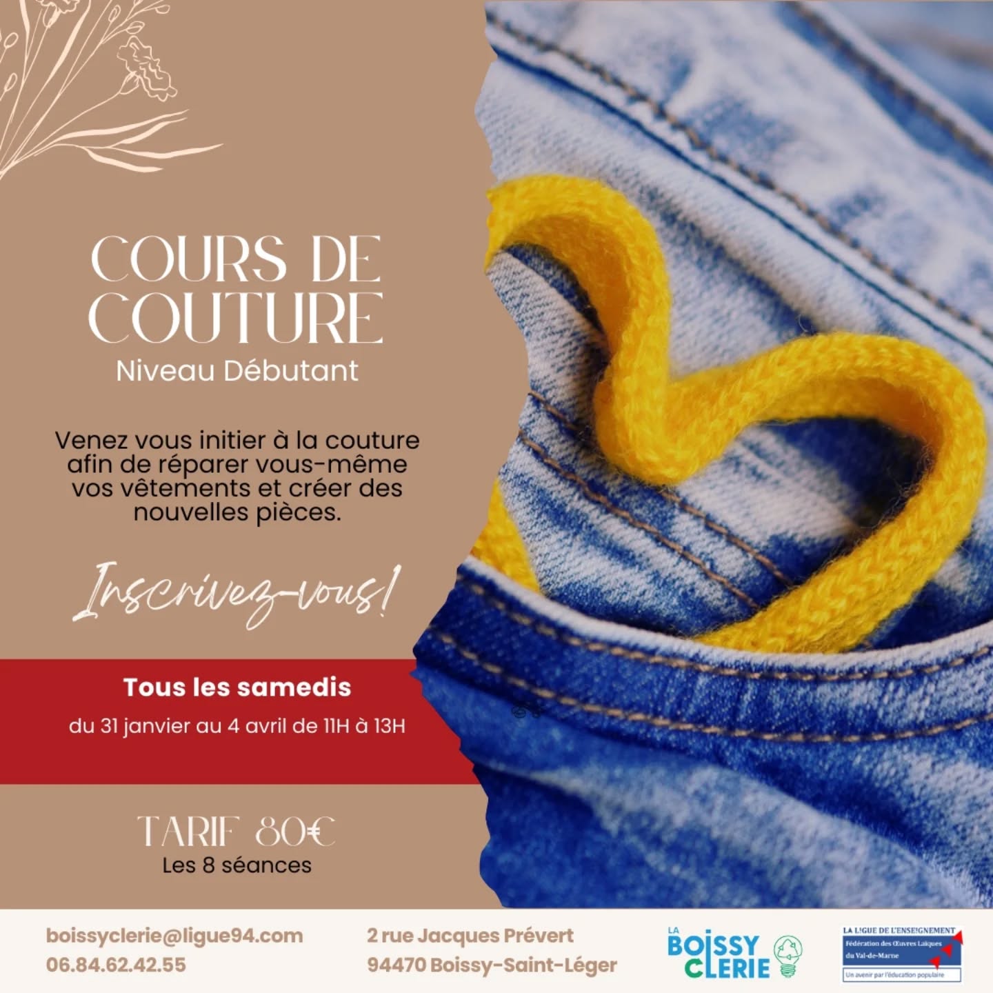 Les cours de couture reprennent à la Boissyclerie ! 🧵
Si vous voulez apprendre les bases de la couture à la main et à la machine, vous pouvez dès à présent vous inscrire à notre prochain cycle de cours pour débutants et débutantes.
Tarif : 80€ pour les 8 séances de 2h
Horaires : tous les samedis de 11h à 13h
Inscription en dm, par téléphone, sms, mail ou directement sur place 🎀