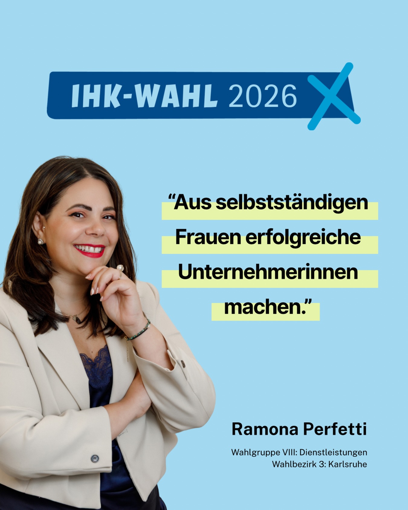 Ich kandidiere für die IHK-Vollversammlung in Karlsruhe – für uns selbstständige Frauen.
Was mich antreibt? Ihr. Unsere Community.
Durch euch sehe ich jeden Tag, was möglich ist – und wo wir immer noch gegen veraltete Strukturen ankämpfen müssen.
Gemeinsam können wir mehr erreichen: aus selbstständigen Frauen erfolgreiche Unternehmerinnen machen.
Mit über 20 Jahren Erfahrung in der Wirtschaft bringe ich eure Perspektiven, eure Herausforderungen und eure Ideen in die IHK ein – praxisnah, lösungsorientiert und zukunftsorientiert.
Jetzt kommt es auf uns an.
Wenn du in Karlsruhe bei der IHK bist: Deine Stimme zählt.
Lass uns gemeinsam eine starke weibliche Stimme in der Wirtschaft sein.
#IHKWahl2026 #SelbstständigUndStark #Karlsruhe #Unternehmerinnen #MittelstandIstWeiblich FrauenNetzwerk DeineStimmeZählt