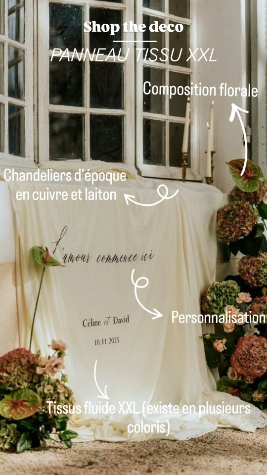 Shop the look – Tea time vibes
Envie de recréer cette ambiance douce et élégante pour votre événement ?
Bonne nouvelle : tout est déjà dans notre catalogue.
Il suffit de quelques pièces fortes :
✔️ Des chandeliers d’époque en cuivre et laiton pour la touche caractère,
✔️ Un panneau en tissu fluide XXL personnalisé — coloris, typographies et message au choix,
✔️ Une composition florale pensée comme un point d’équilibre entre poésie et structure.
Et le tour est joué.
Une scénographie qui parle d’elle-même, sans en faire trop, mais avec juste ce qu’il faut de style.
📍 Venue @domainelacastelette84
Wedding Planner @fatiaweddingplanner
Photographer @nencioni_nathalie_photographe
Floral Designer @maison_julieetvictor
Decoration @provencelocationmariage
Tableware @jani_solution_evenementielle
Wedding dress @margaux_selle
Wedding tailor @maelle_faubourgsaintsulpice @faubourgsaintsulpice_mariage
Make up @inesmakeupartist_
Hairdresser @amandinebhair.makeup
Wedding cake @violetta_gateau
Jewelry @romara.design | @romara.wedding
Stationery & favors @gisele.carles
Wedding rings @maisonmiralys
Wedding shoes @rosa_clara
Wine @letempsdessages
Real couple @c_line_sz @david_040776