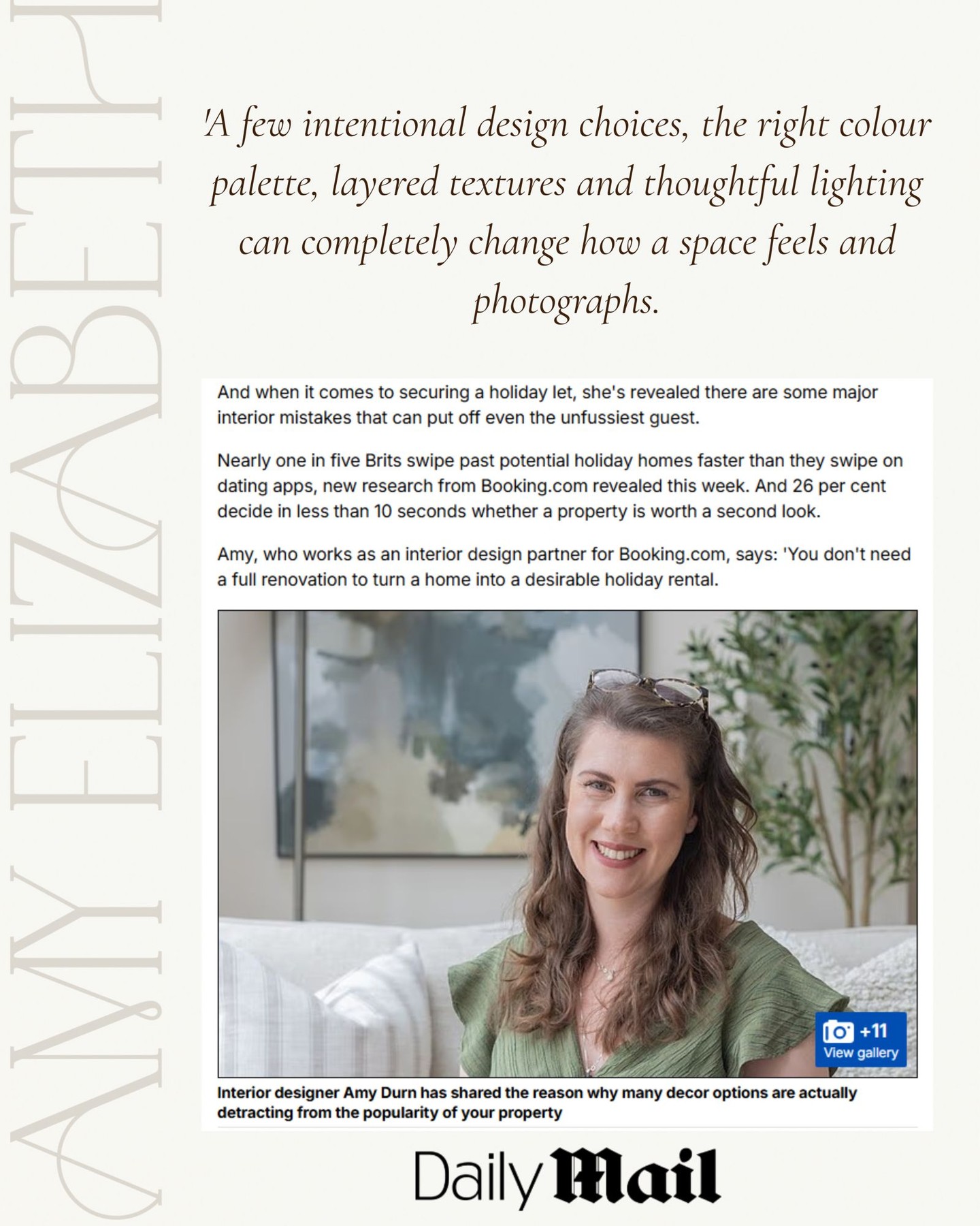 ~ A little pinch-me moment ✨
~ I’m currently working with Booking.com as their interiors expert, sharing insight on what really works in holiday rental design — and this weekend that work was featured in the Daily Mail.
~ It’s a good reminder that design choices matter more than ever.
~ Guests form opinions quickly, and thoughtful, practical interiors can directly influence how a stay is experienced and remembered.
~ Always proud to be part of conversations that focus on real homes, real living, and design that works hard without feeling overdone.
~ Link to the feature shared in Stories.
#interiordesigneruk #bookingcom #pressfeature #holidayhomedesign #vacationrentaldesign
Interior Design Expert | Interior Designer UK | Holiday Home Design Advice | Vacation Rental Interiors | Short Term Rental Styling | Calm Timeless Interiors | Real Homes Interior Design | UK Interior Stylist | Professional Interior Design Advice | Holiday Home Interior Design | Airbnb Interior Design UK | How to Style a Holiday Rental | Improve Holiday Rental Bookings | Interior Design for Rentals | What Makes a Holiday Home Stand Out | Guest Ready Interior Design | Rental Property Styling Advice | Holiday Let Design Tips | Vacation Rental Styling UK | Amy Elizabeth Interiors