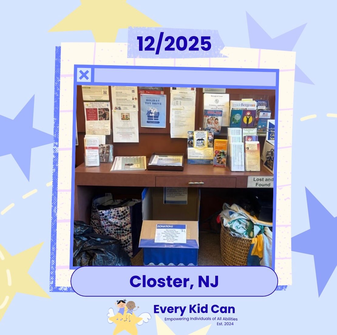 Every Kid Can placed our fifth donation box at the Closter Public Library in Closter, NJ during the month of December 2025.
We are collected toys and gifts for local recreational programs that support individuals with disabilities. Every donation helps bring joy and inclusion to our community.
Thank you for supporting our mission!
#donationboxes #libraries #disabilityawareness #everykidcan #neurodiversity